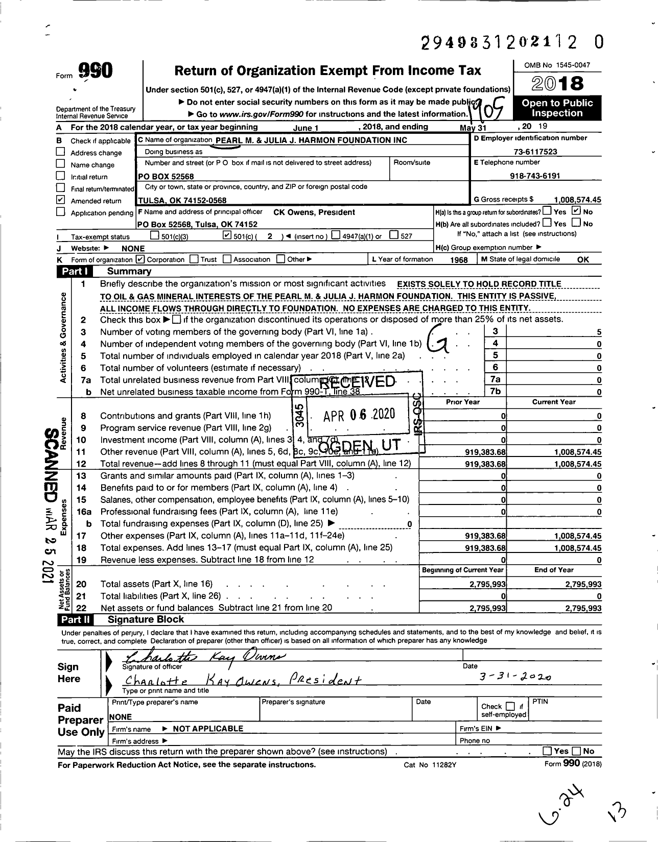 Image of first page of 2018 Form 990O for Pearl M and Julia J Harmon Foundation