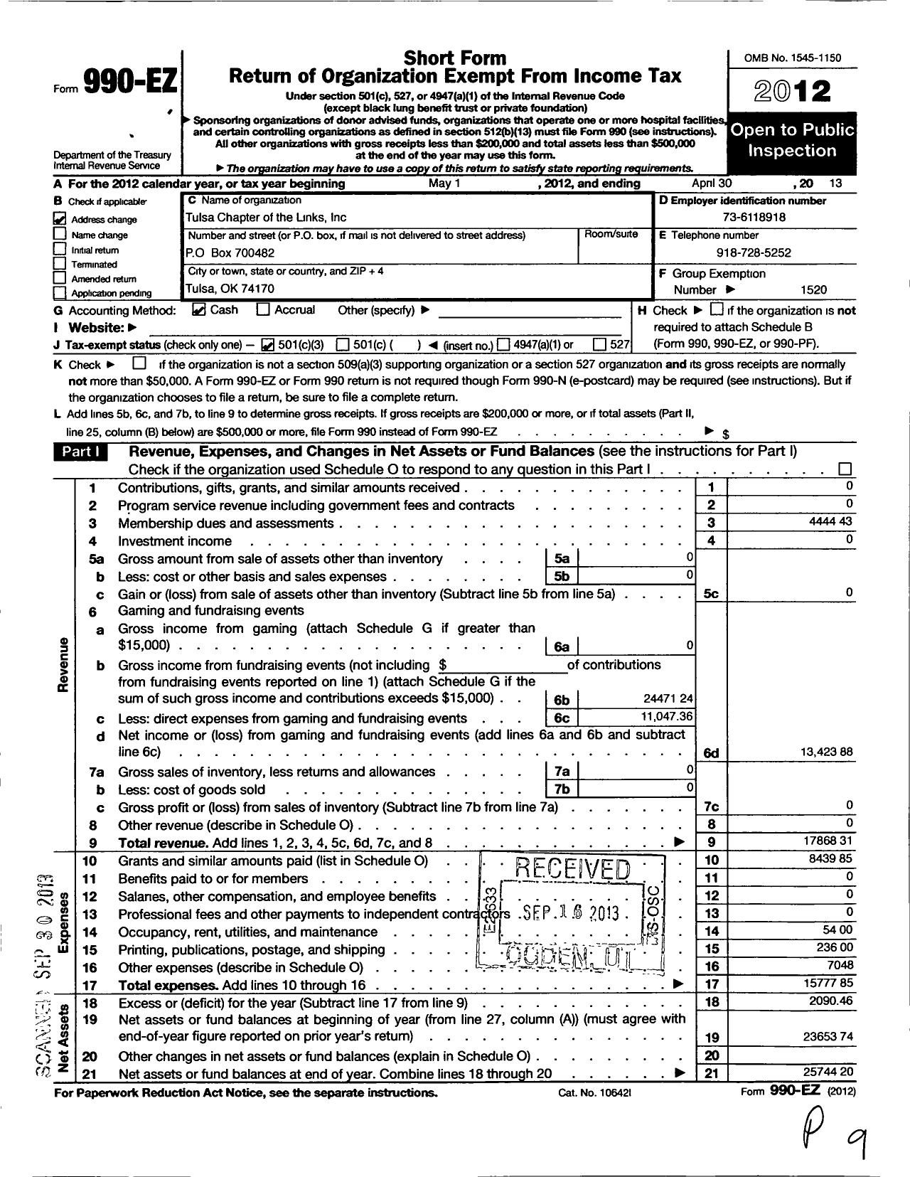 Image of first page of 2012 Form 990EZ for Links / Tulsa Chapter