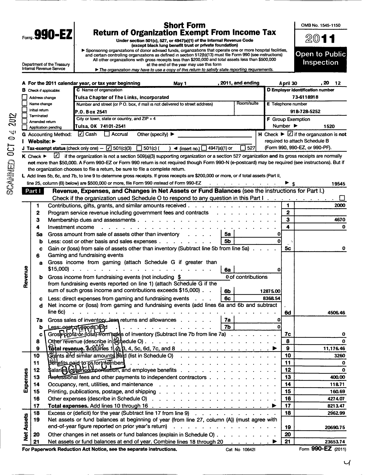 Image of first page of 2011 Form 990EZ for Links / Tulsa Chapter