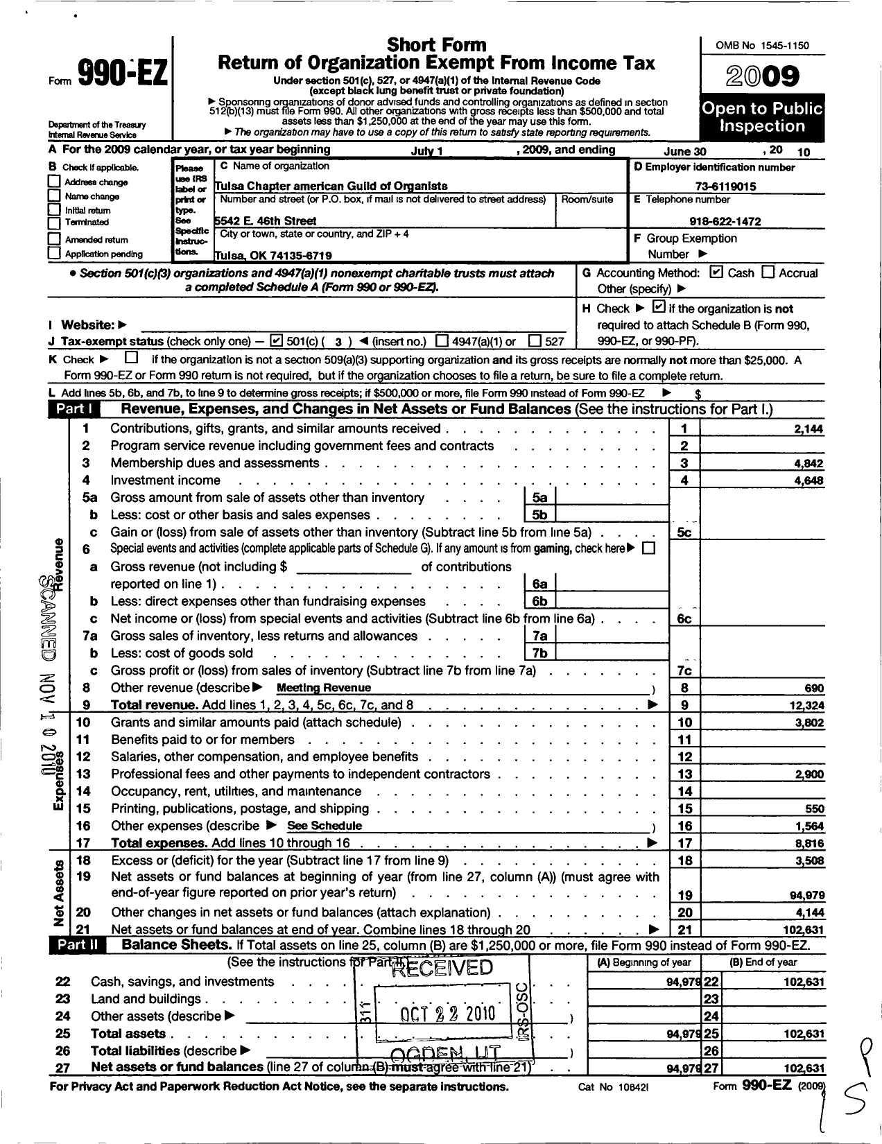 Image of first page of 2009 Form 990EZ for American Guild of Organists - 708 Tulsa Chapter