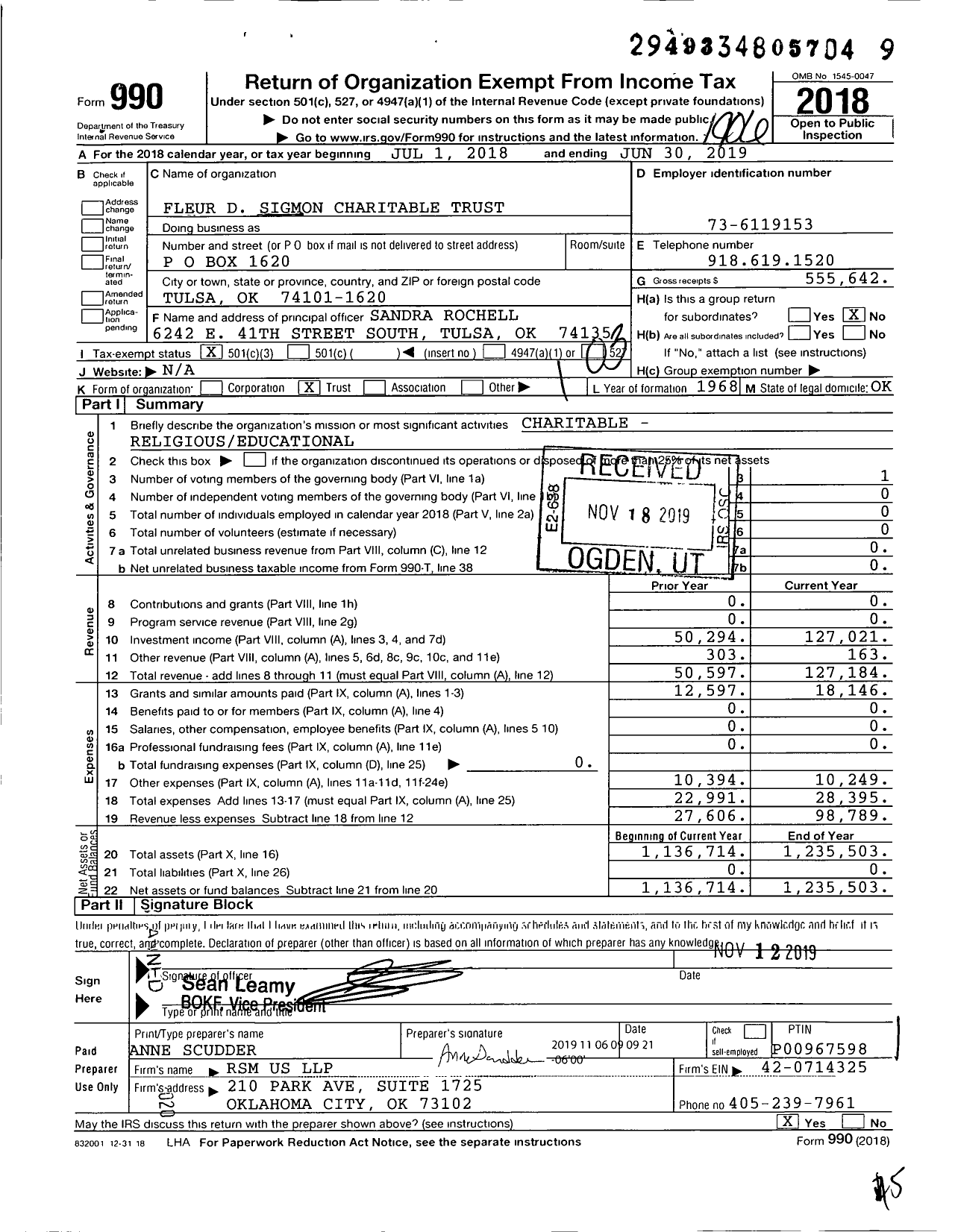 Image of first page of 2018 Form 990 for Fleur D Sigmon Charitable Trust 484002019