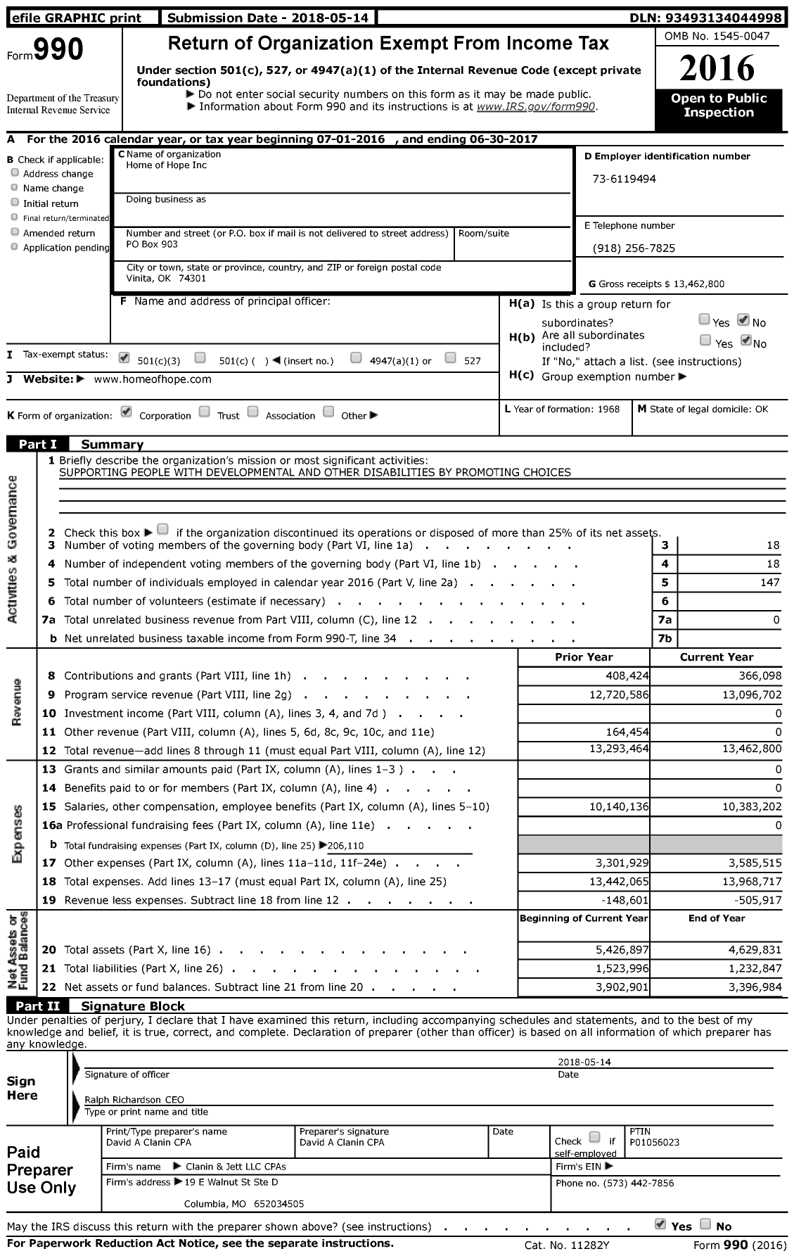 Image of first page of 2016 Form 990 for Home of Hope
