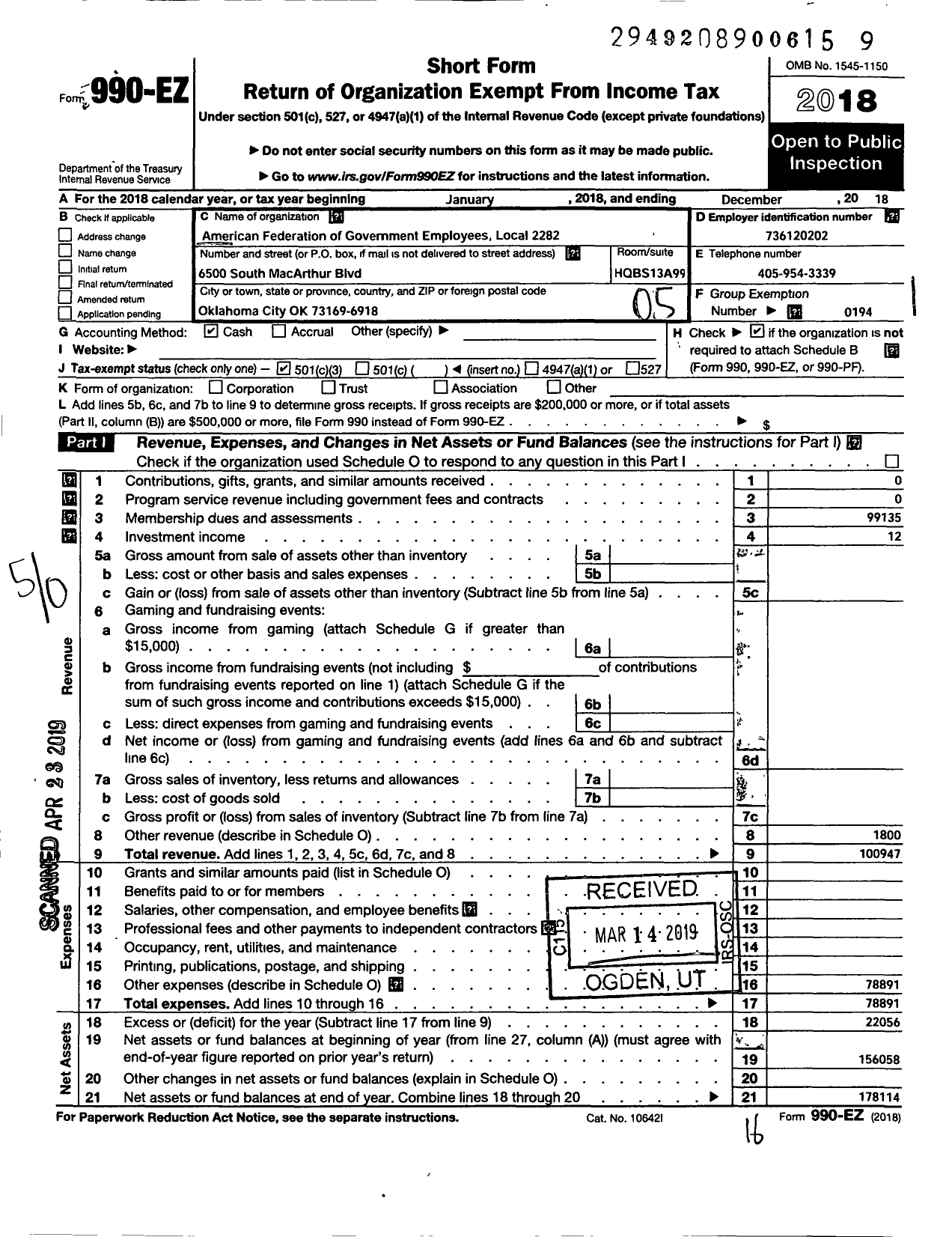 Image of first page of 2018 Form 990EO for American Federation of Government Employees - 2282 Afge Local