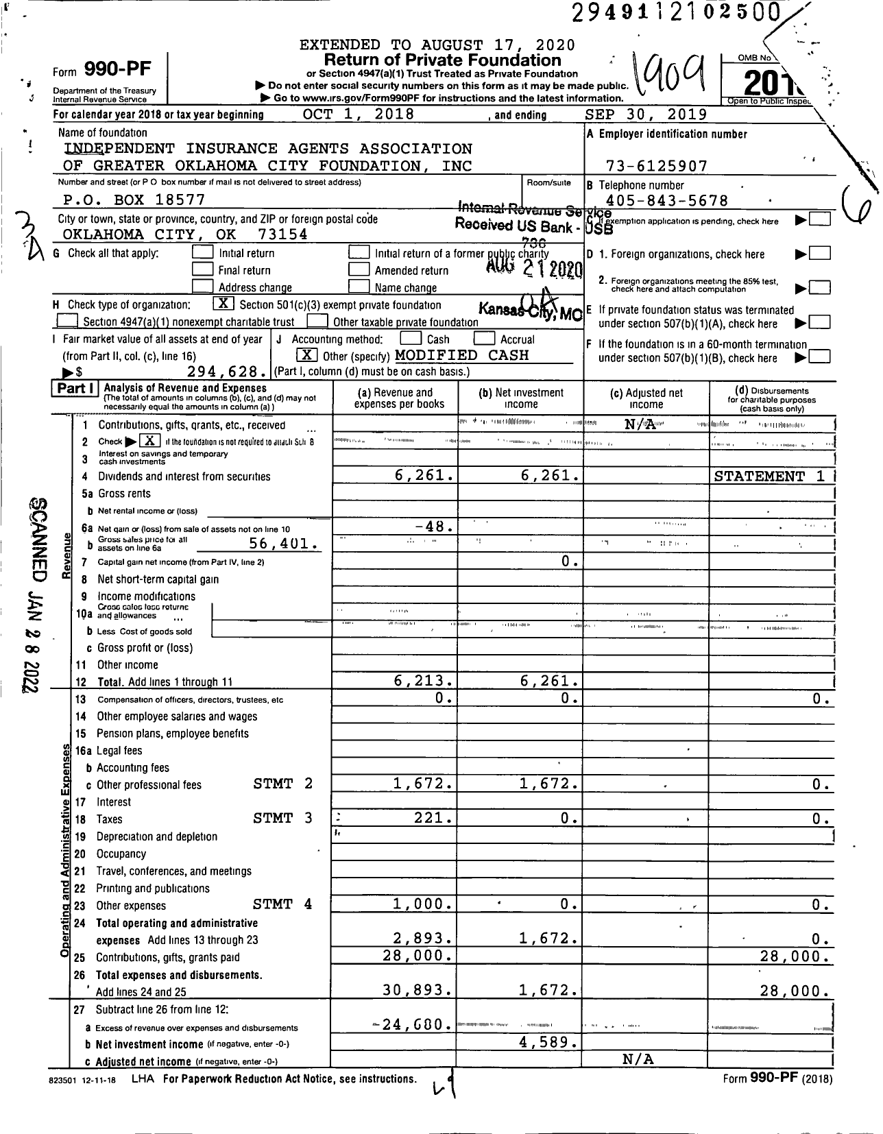 Image of first page of 2018 Form 990PF for Independent Insurance Agents Association of Greater Oklahoma City Foundation