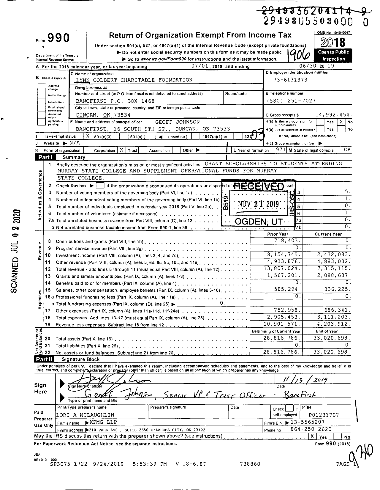 Image of first page of 2018 Form 990 for Lynn Colbert Charitable Foundation