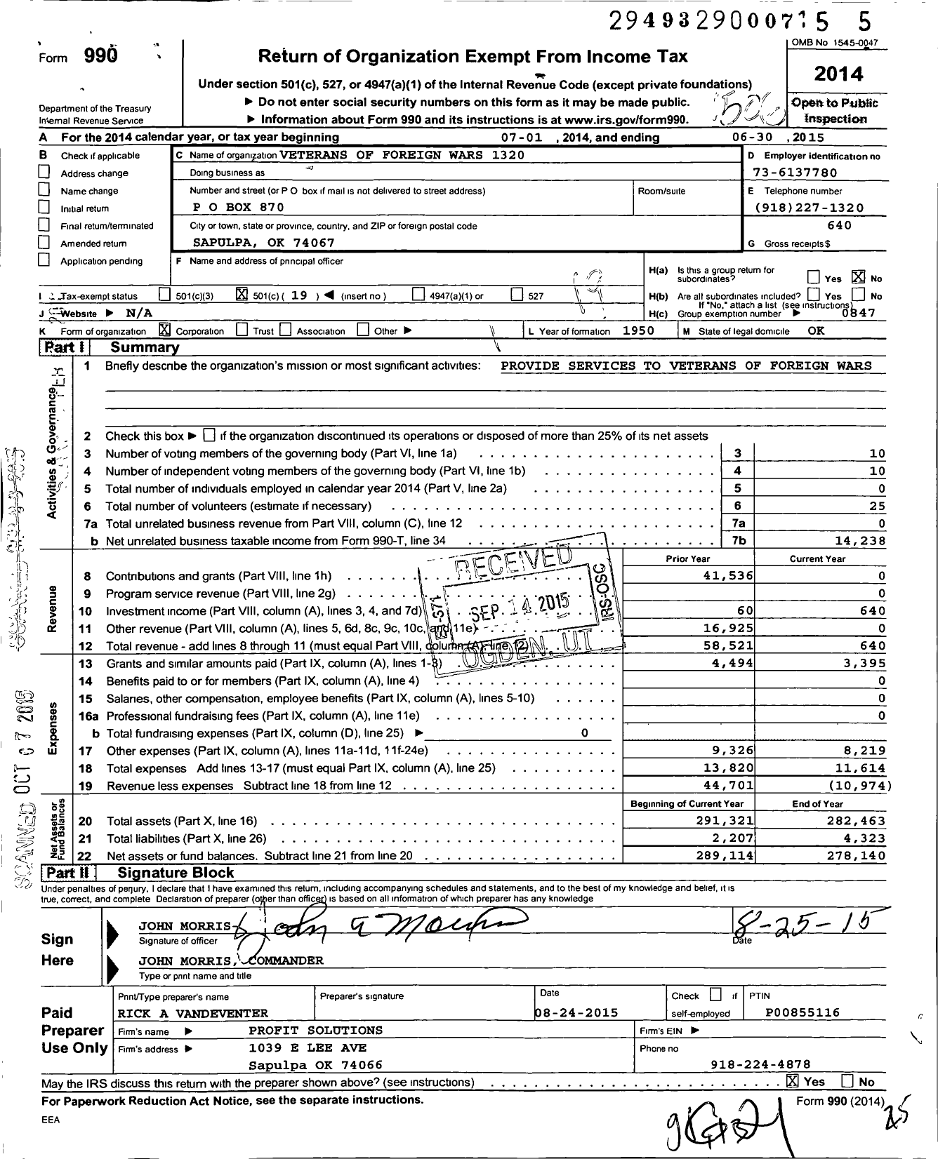 Image of first page of 2014 Form 990O for Veterans of Foreign Wars of the United States Dept of Oklahoma - 1320 Sapulpa VFW Post