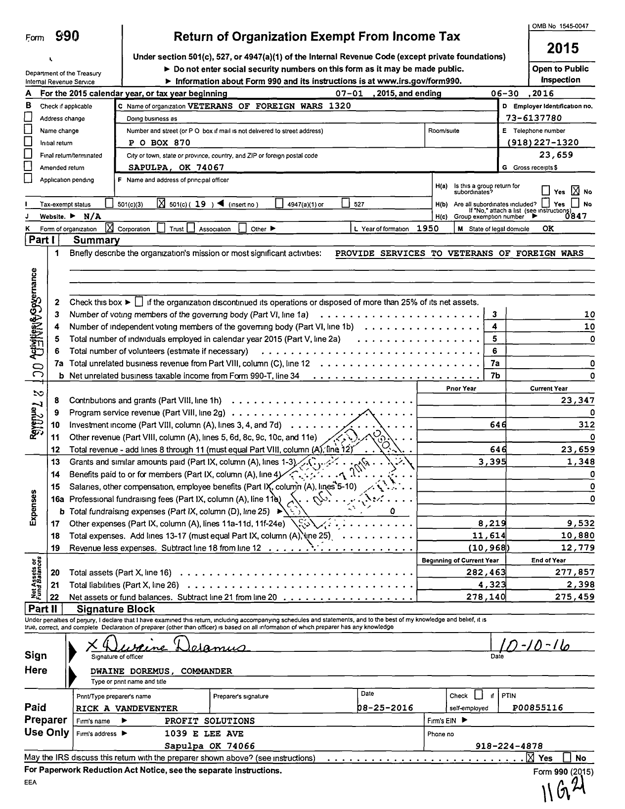 Image of first page of 2015 Form 990O for Veterans of Foreign Wars of the United States Dept of Oklahoma - 1320 Sapulpa VFW Post