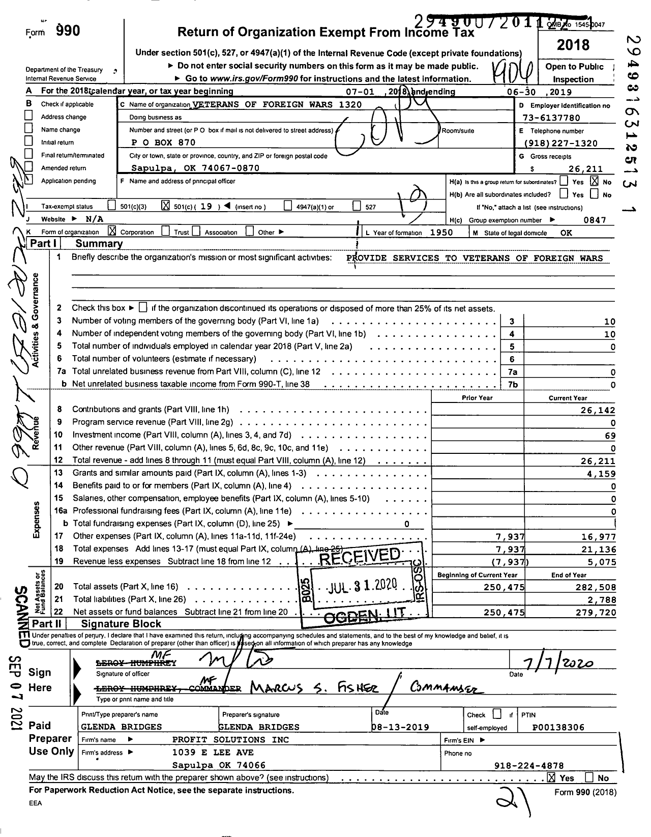 Image of first page of 2018 Form 990O for Veterans of Foreign Wars of the United States Dept of Oklahoma - 1320 Sapulpa VFW Post