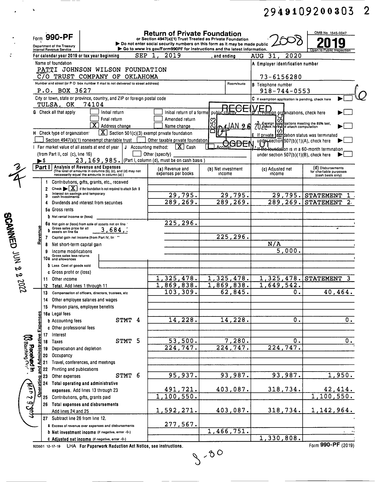 Image of first page of 2019 Form 990PF for Patti Johnson Wilson Foundation