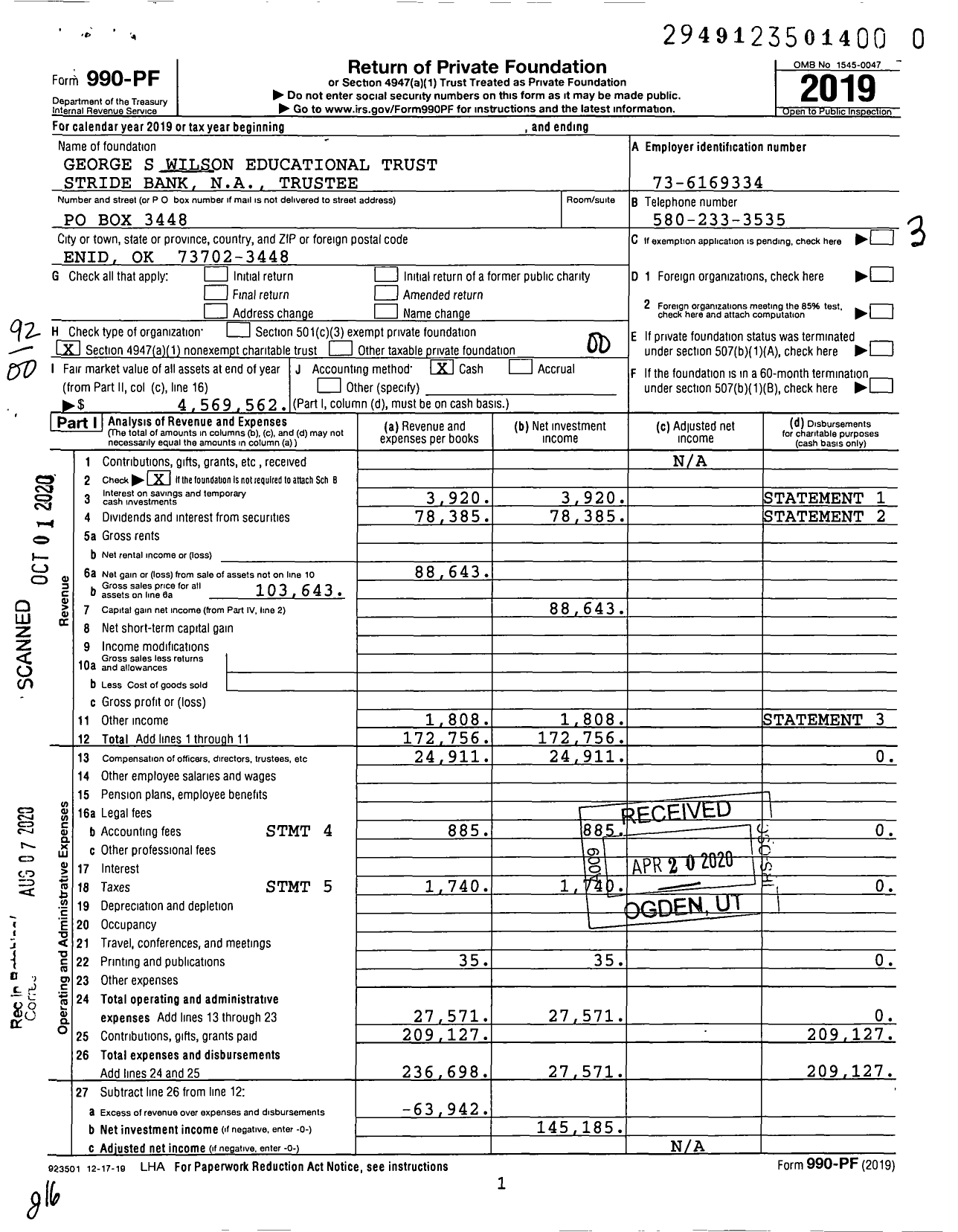 Image of first page of 2019 Form 990PR for George S Wilson Educational Trust Stride Bank Na Trustee