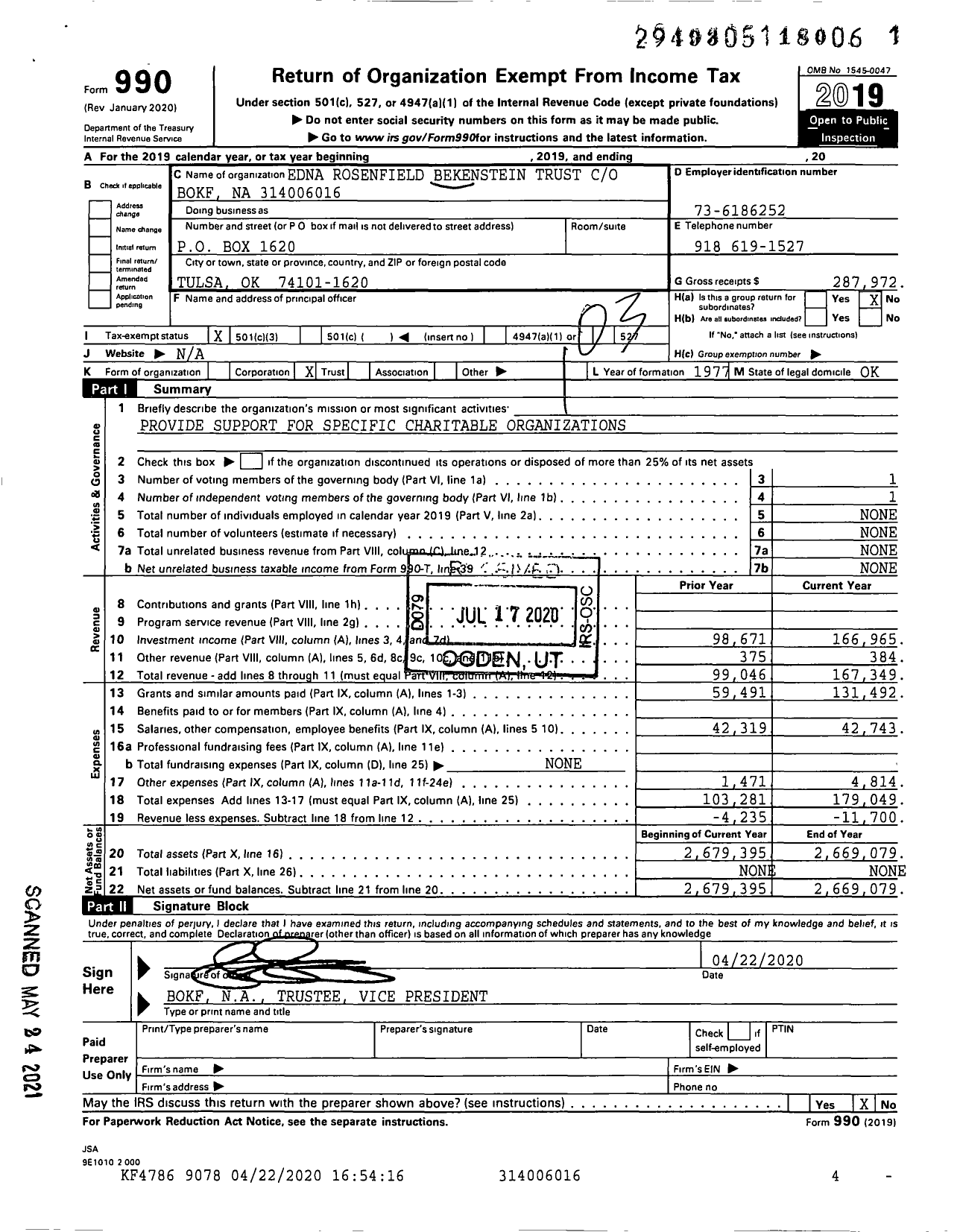 Image of first page of 2019 Form 990 for Edna Rosenfield Bekenstein Trust