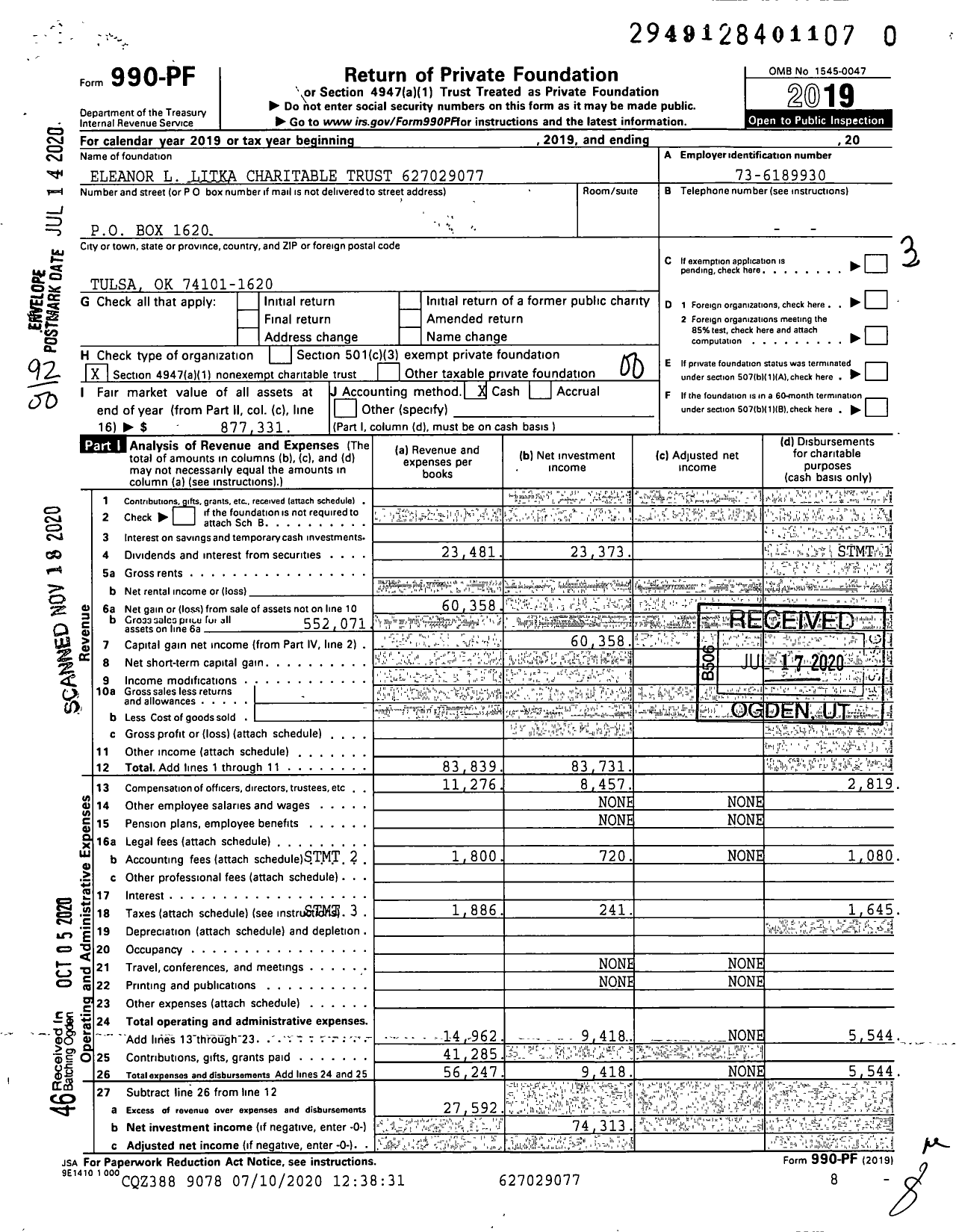 Image of first page of 2019 Form 990PF for Eleanor L Litka Charitable Trust XXX-XX-XXXX