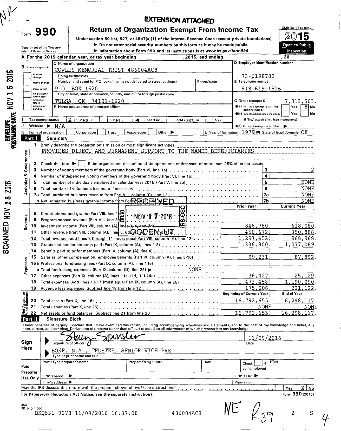 Image of first page of 2015 Form 990 for Cowles Memorial 486004AC8