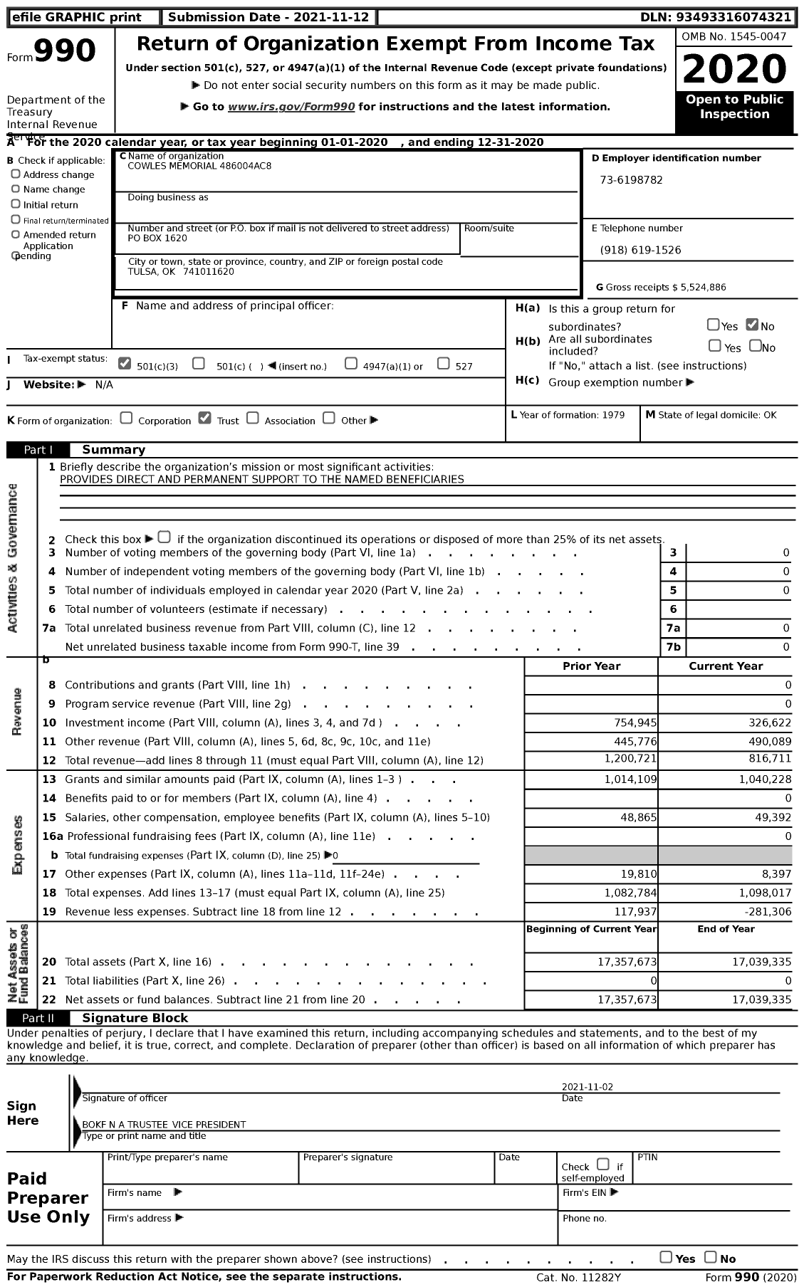 Image of first page of 2020 Form 990 for Cowles Memorial 486004AC8
