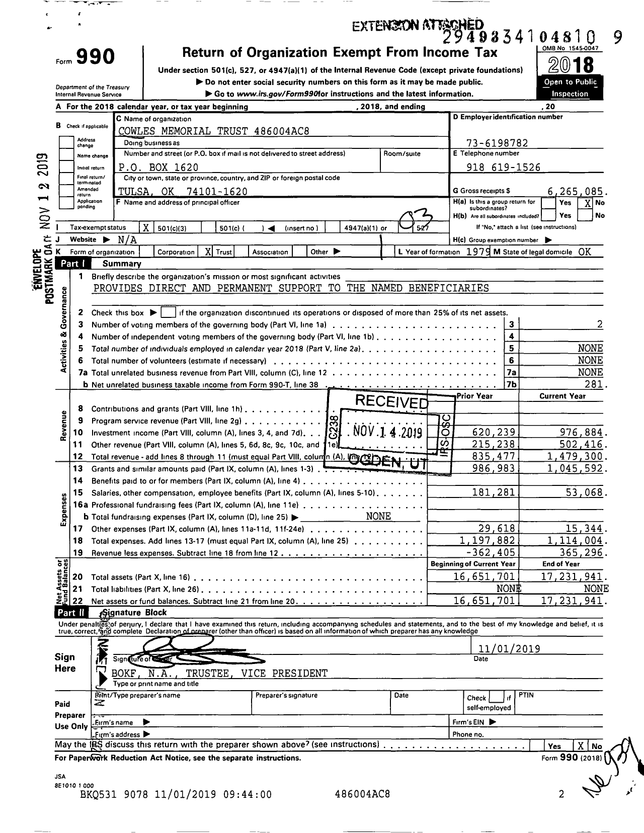 Image of first page of 2018 Form 990 for Cowles Memorial 486004AC8