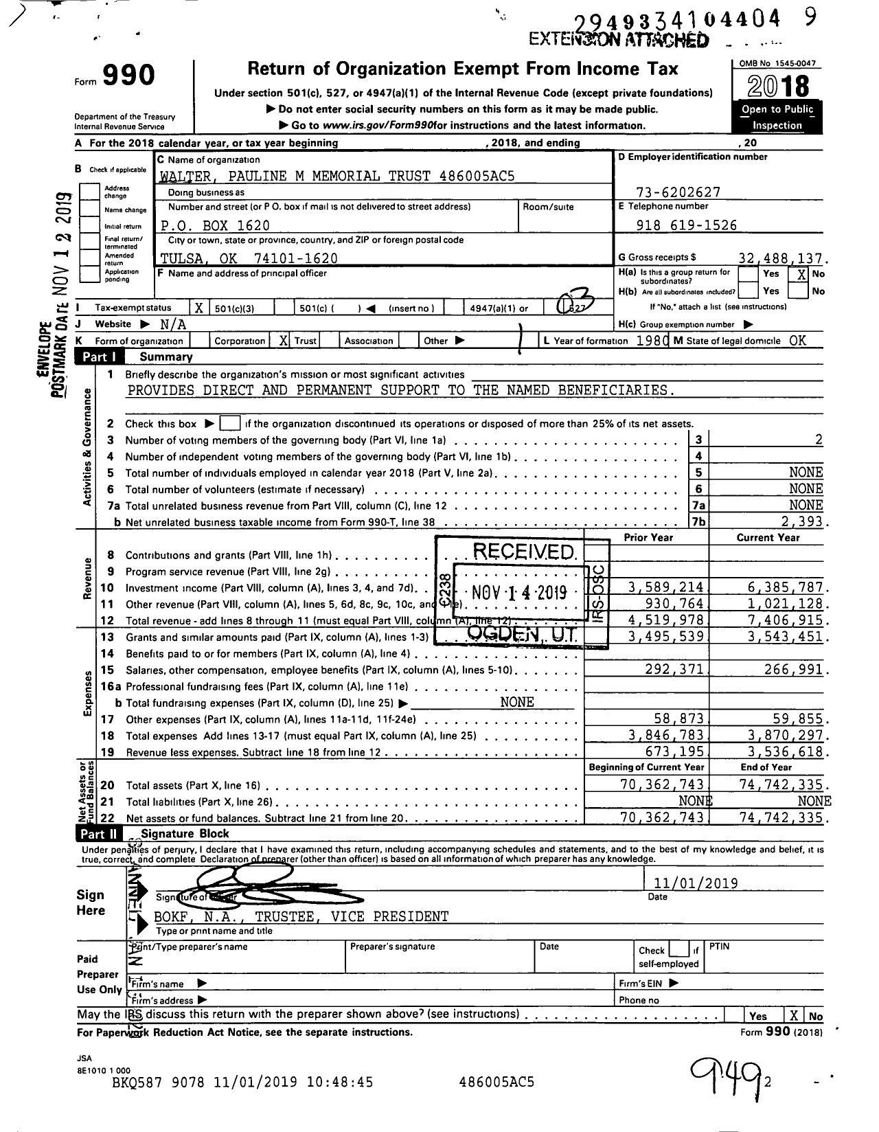 Image of first page of 2018 Form 990 for Walter Pauline M. Memorial Trust