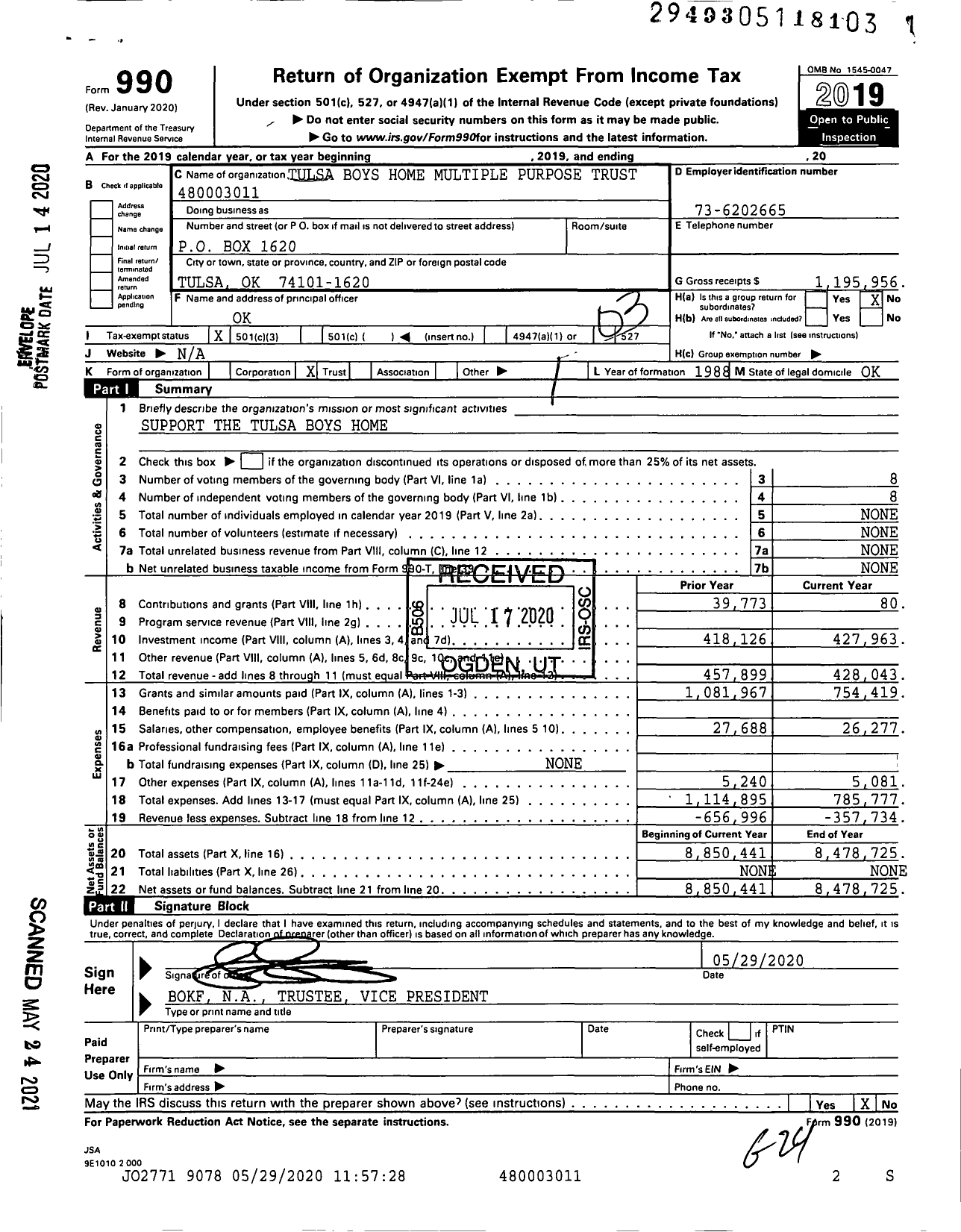 Image of first page of 2019 Form 990 for Tulsa Boys Home Multiple Purpose Trust