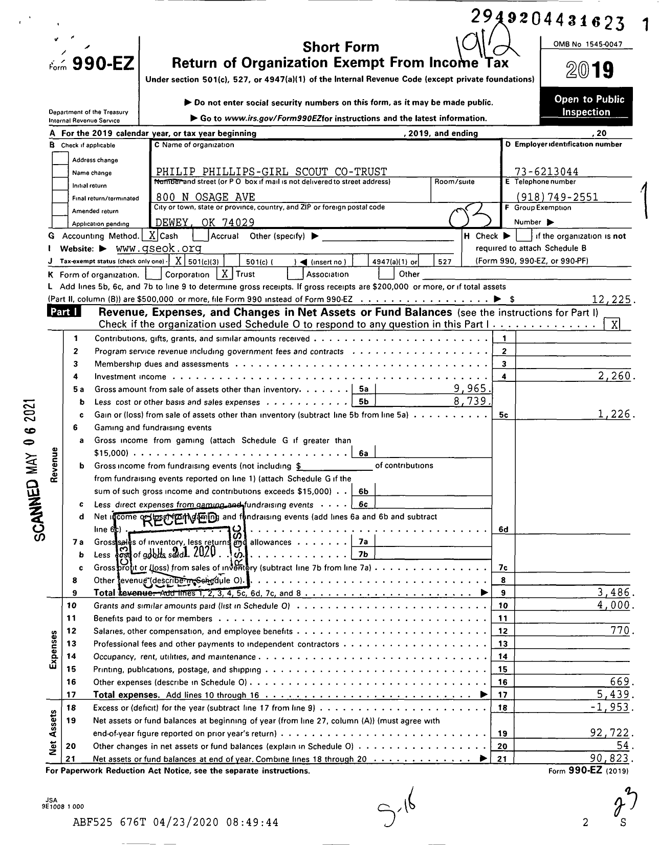 Image of first page of 2019 Form 990EZ for Philip Phillips-Girl Scout Co-Trust