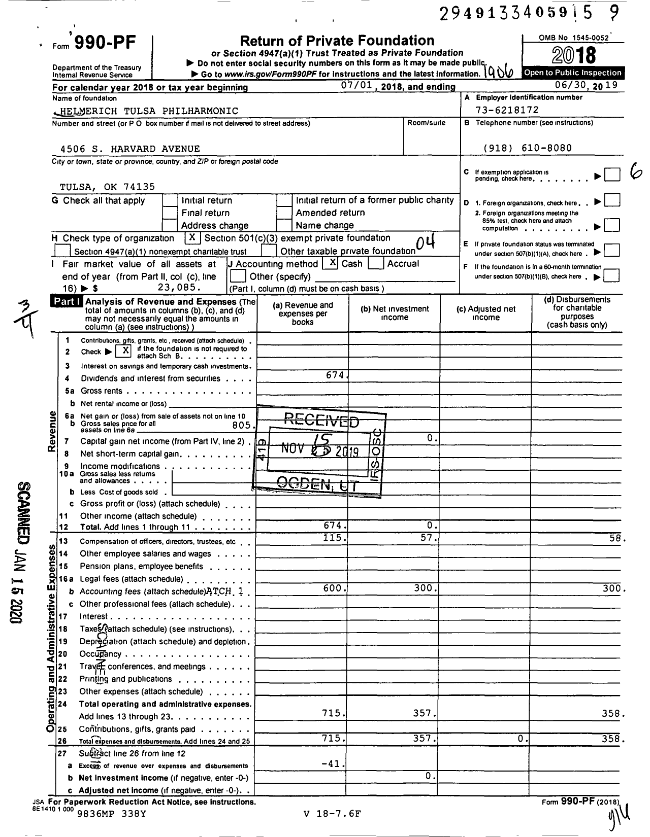 Image of first page of 2018 Form 990PF for Helmerich Tulsa Philharmonic