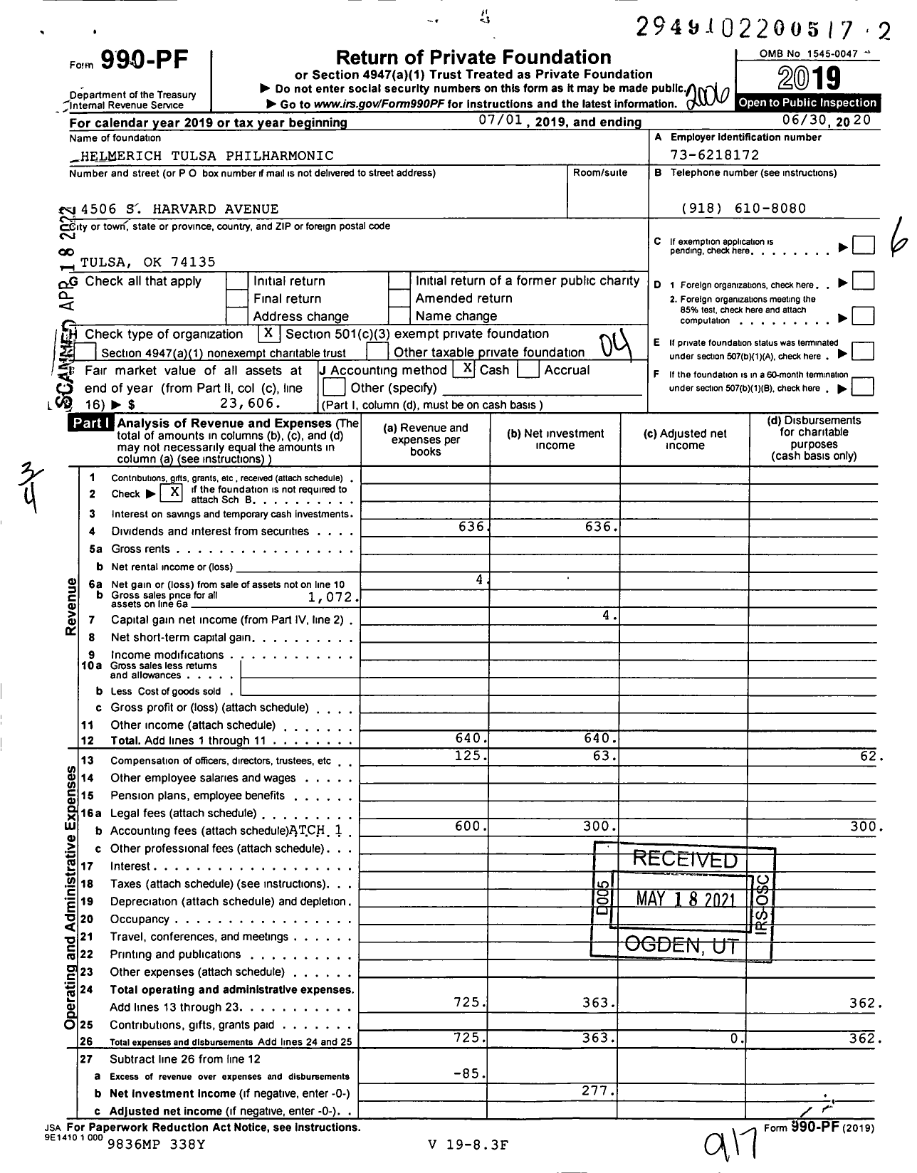 Image of first page of 2019 Form 990PF for Helmerich Tulsa Philharmonic