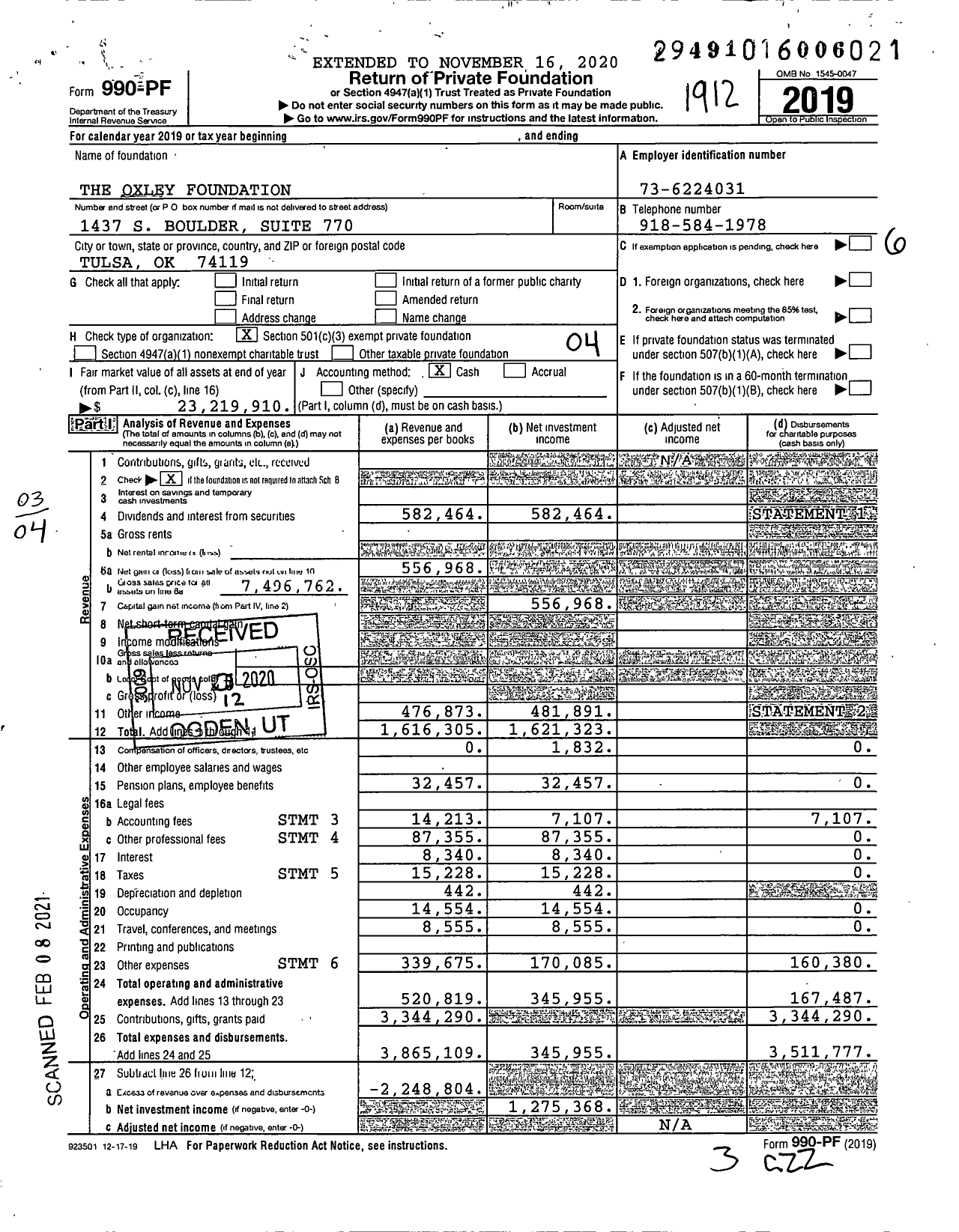 Image of first page of 2019 Form 990PF for Oxley Foundation