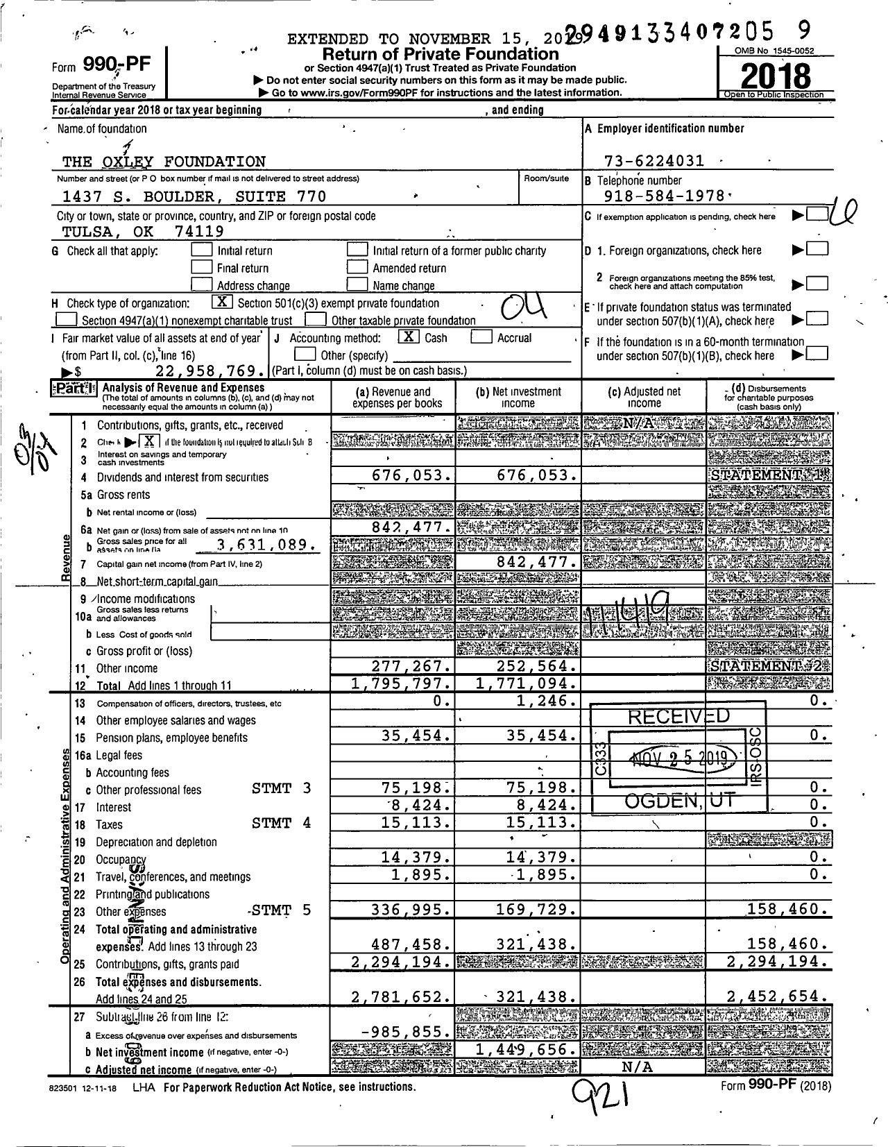 Image of first page of 2018 Form 990PF for Oxley Foundation