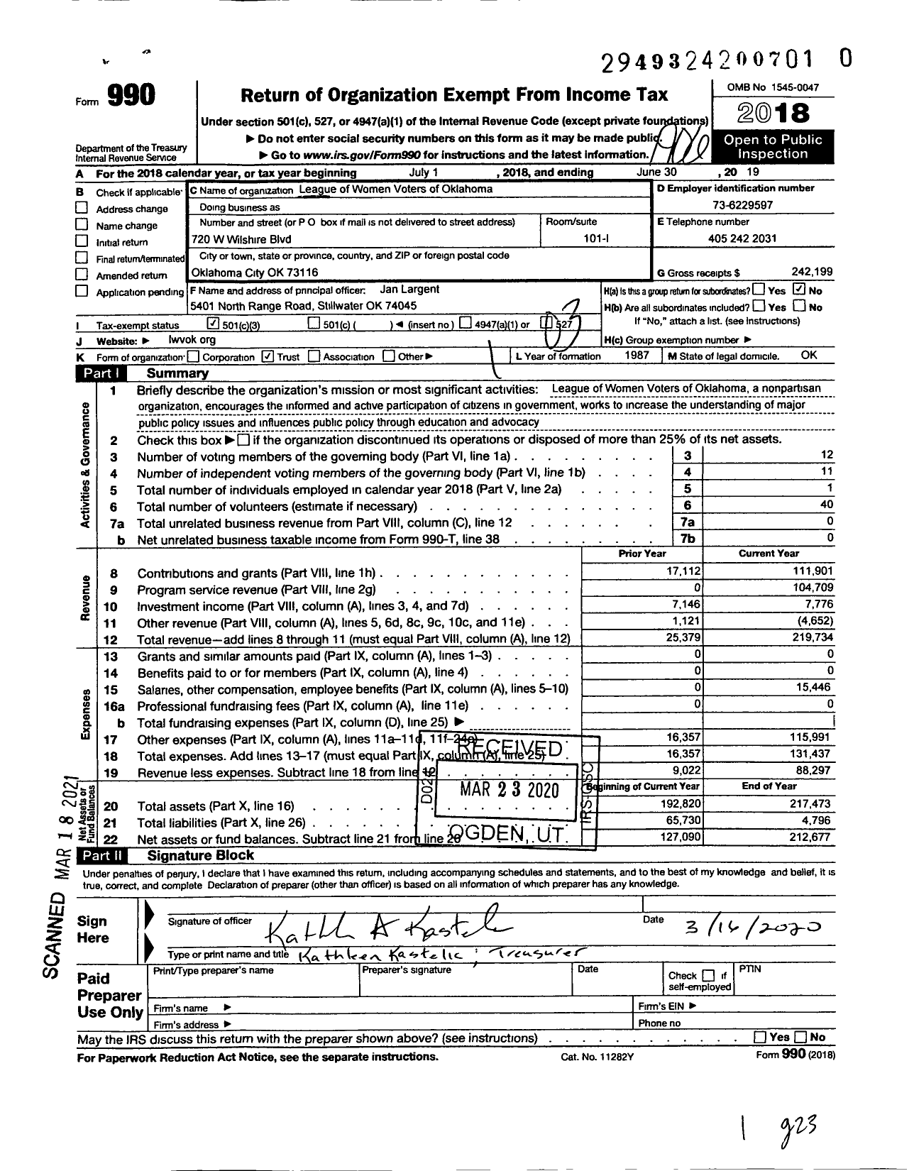 Image of first page of 2018 Form 990 for League of Women Voters of Oklahoma