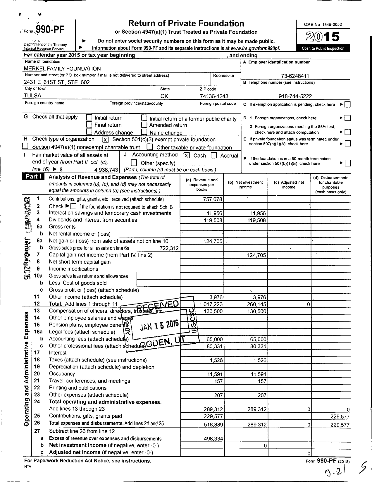 Image of first page of 2015 Form 990PF for Merkel Family Foundation