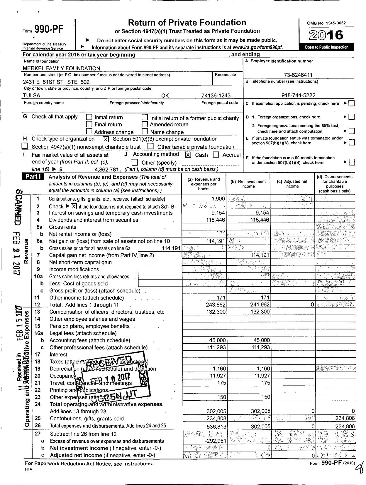Image of first page of 2016 Form 990PF for Merkel Family Foundation