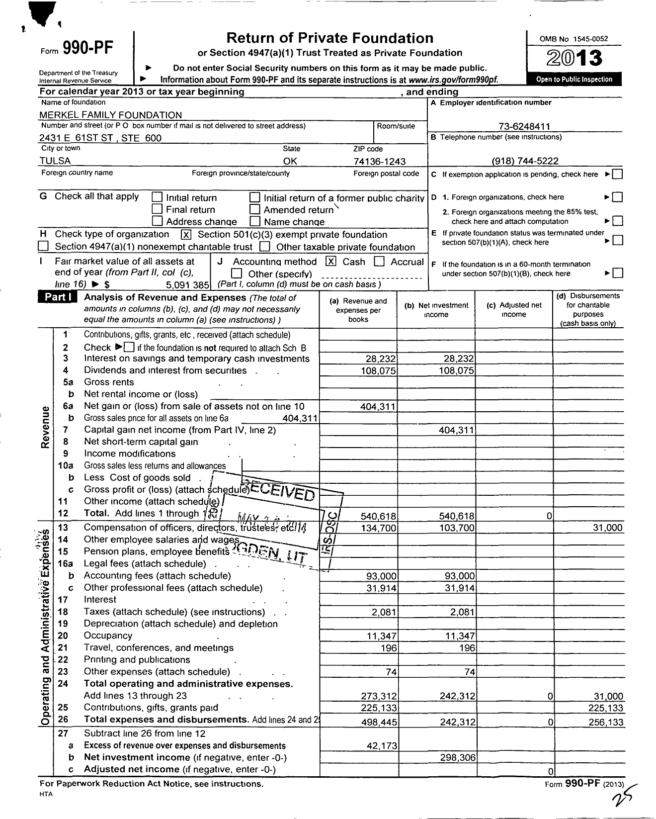 Image of first page of 2013 Form 990PF for Merkel Family Foundation