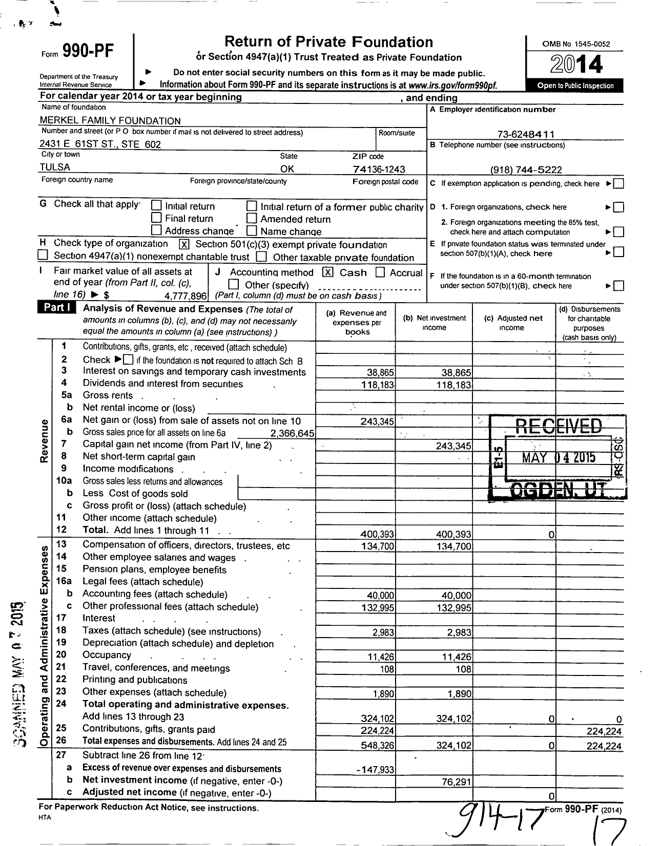 Image of first page of 2014 Form 990PF for Merkel Family Foundation