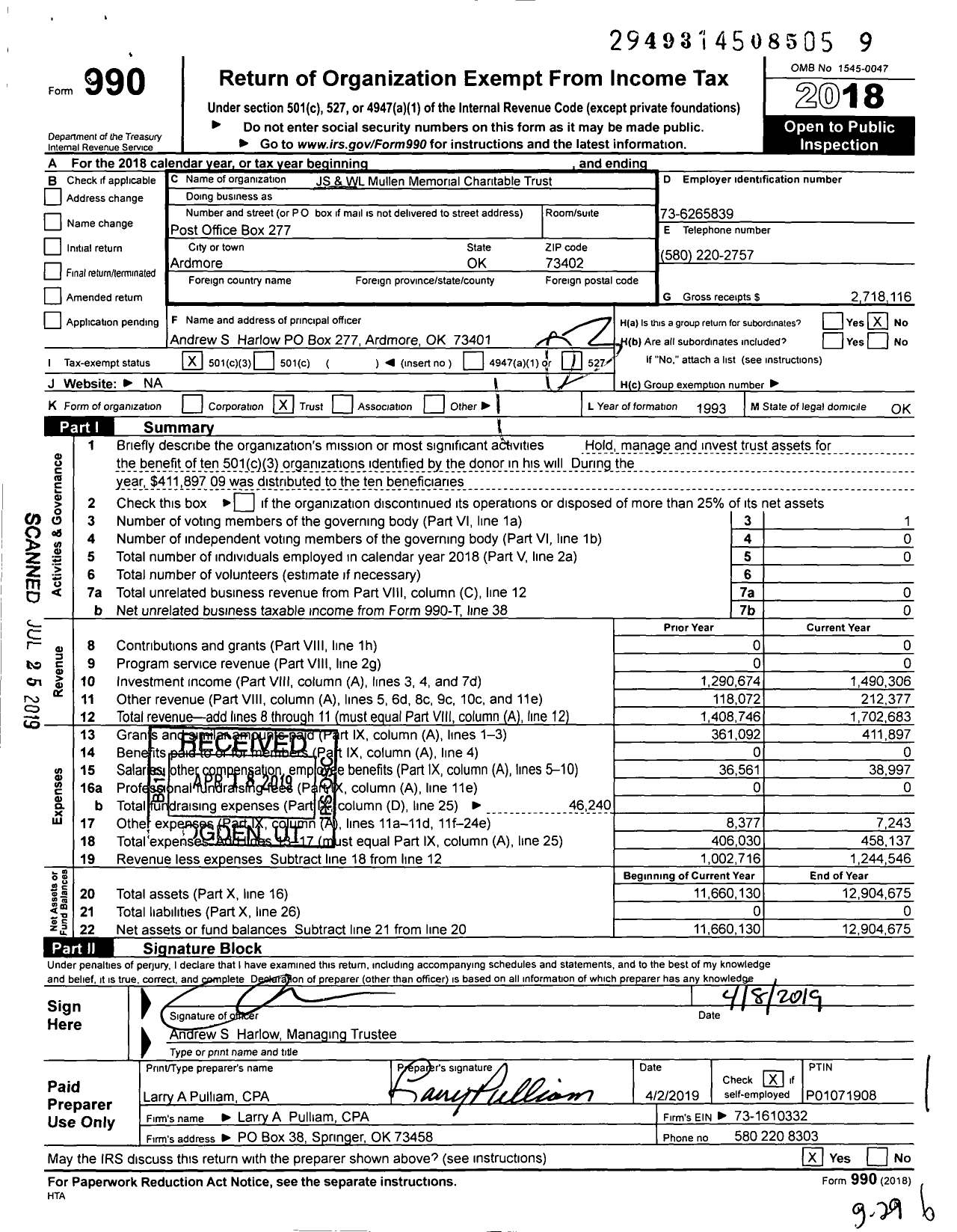 Image of first page of 2018 Form 990 for JS and WL Mullen Memorial Charitable Trust