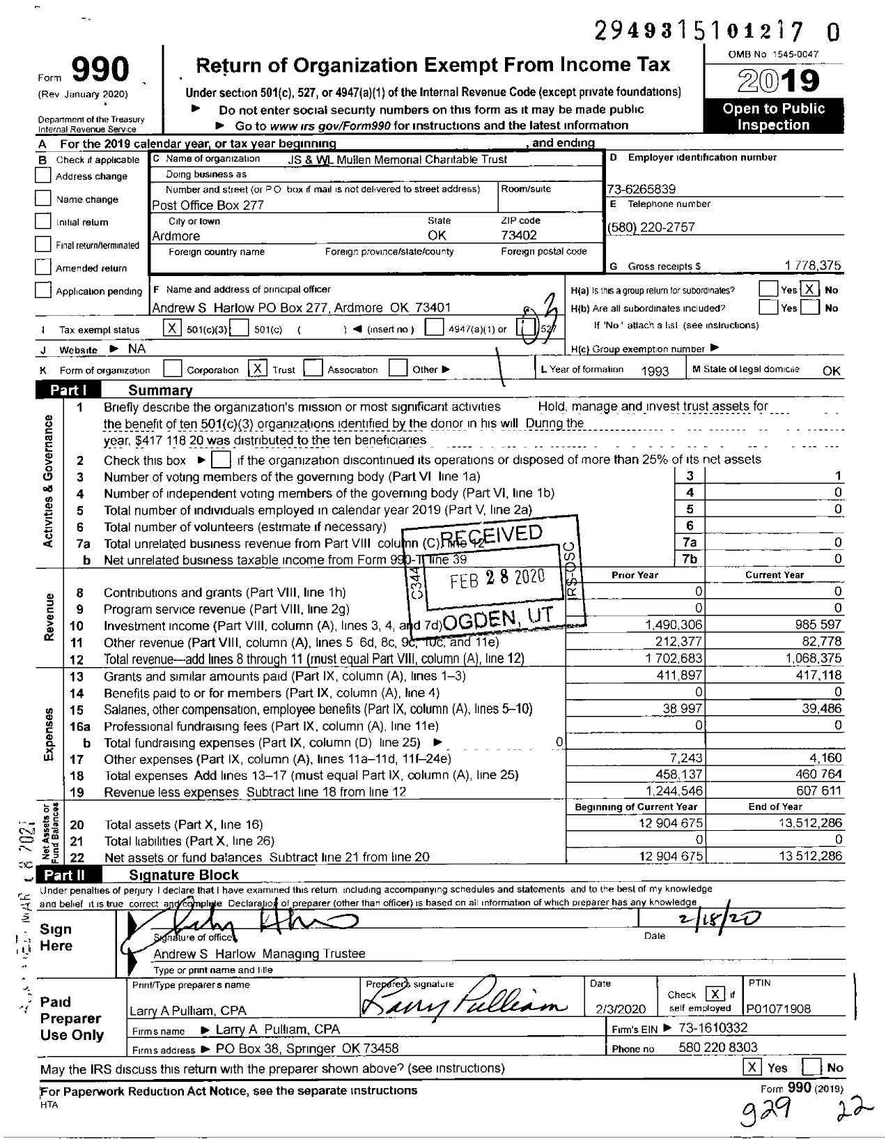 Image of first page of 2019 Form 990 for JS and WL Mullen Memorial Charitable Trust