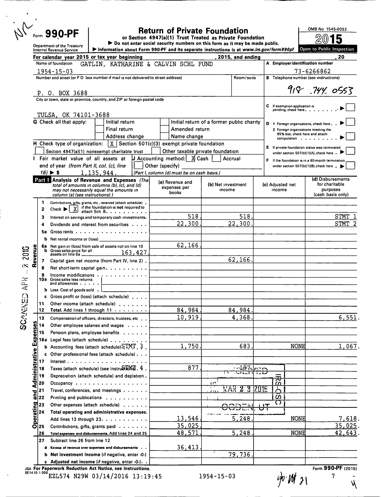 Image of first page of 2015 Form 990PF for Katharine and Calvin Gatlin Scholarship Fund