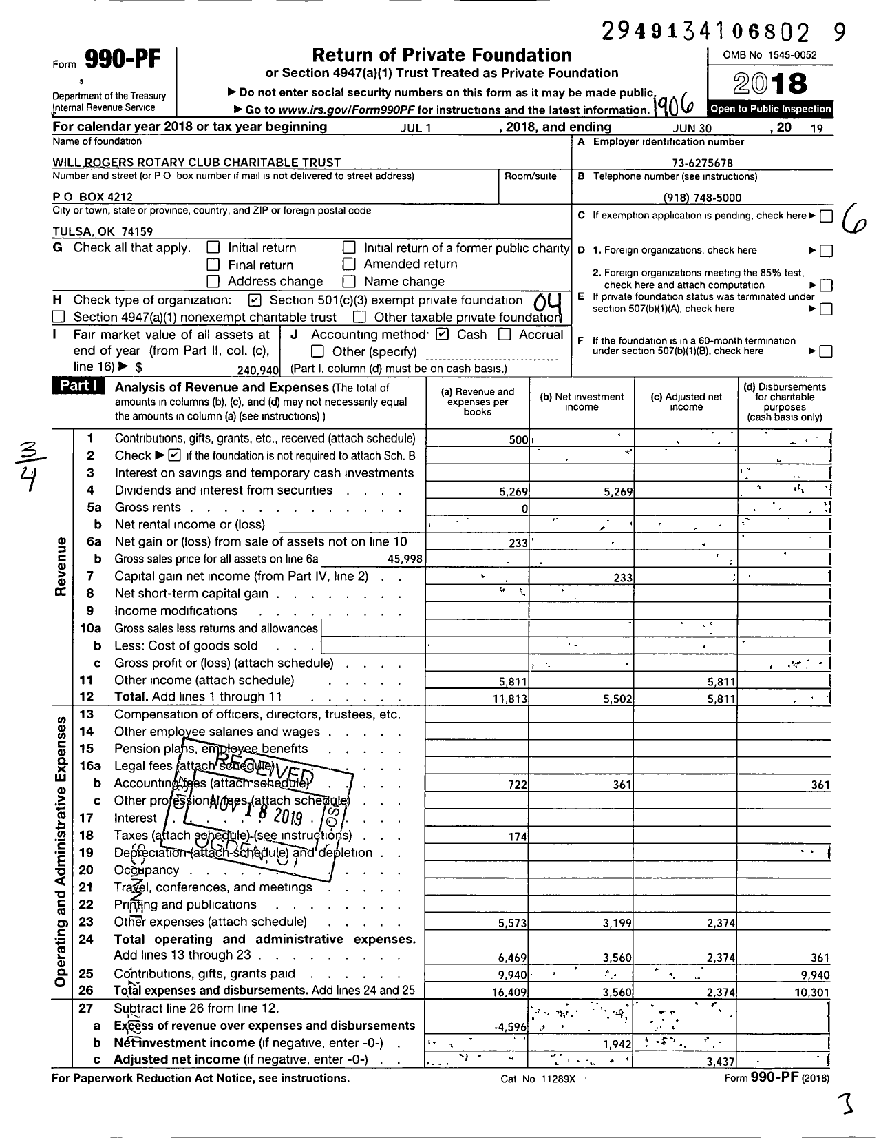 Image of first page of 2018 Form 990PF for Will Rogers Rotary Club Charitable Trust