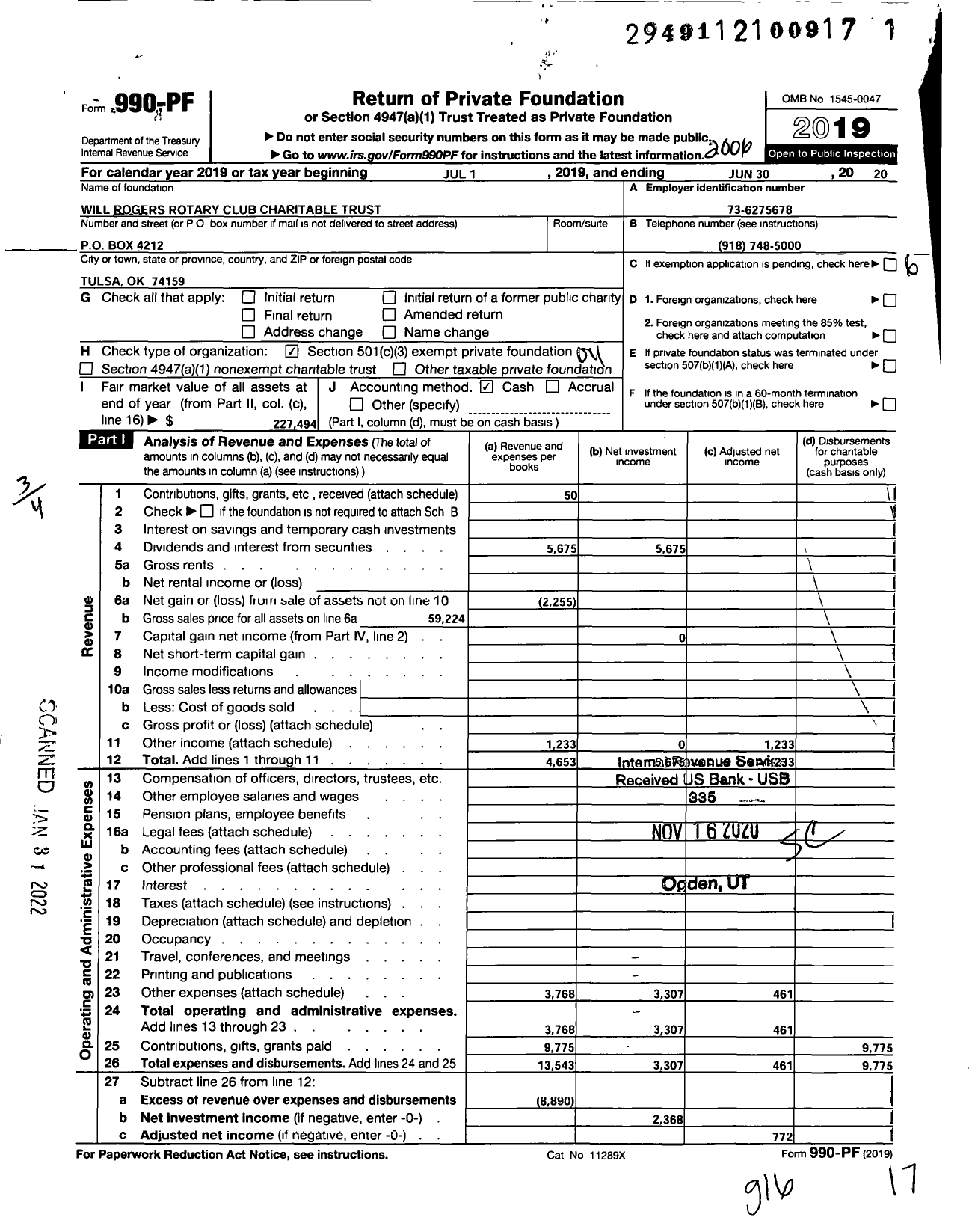 Image of first page of 2019 Form 990PF for Will Rogers Rotary Club Charitable Trust