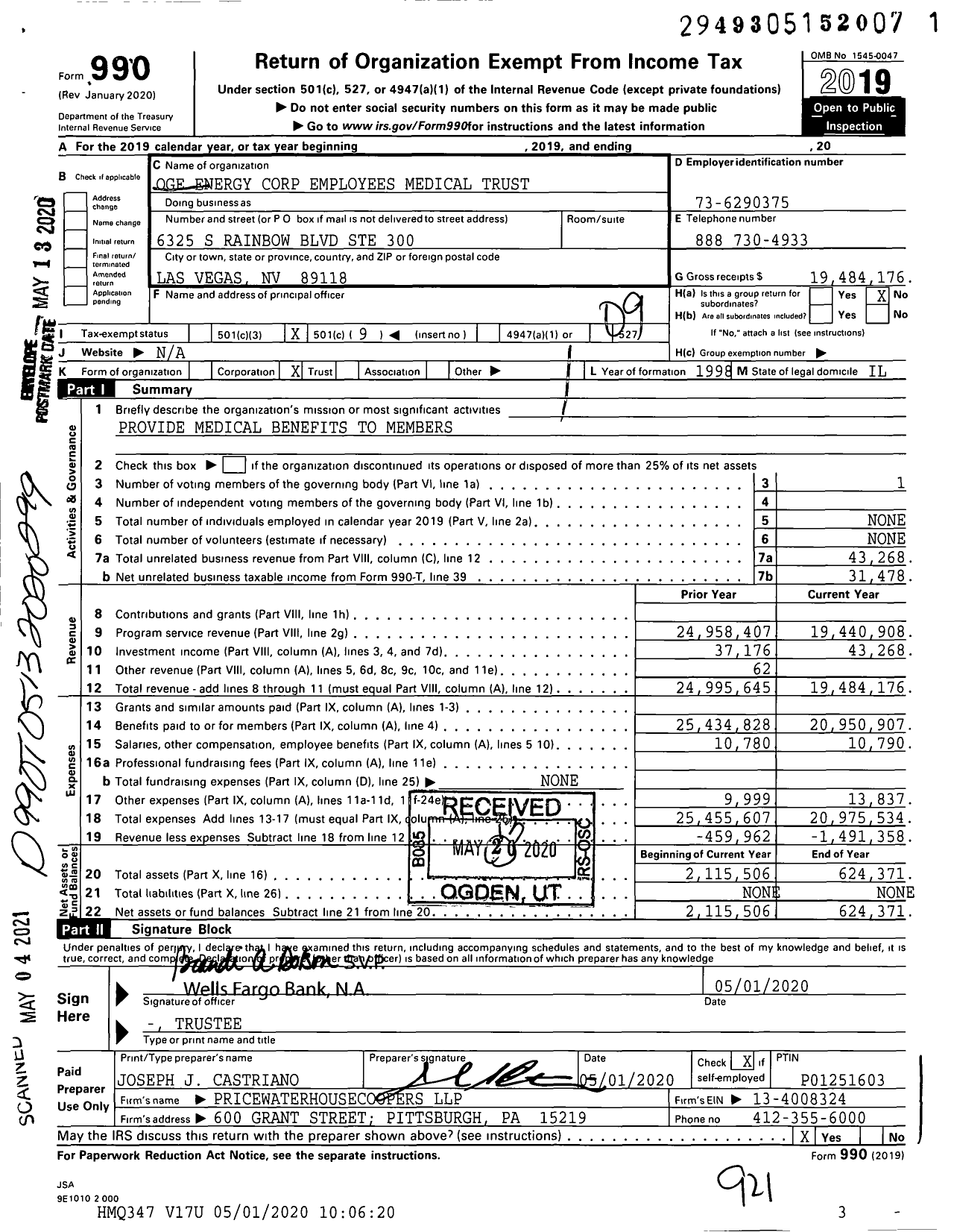 Image of first page of 2019 Form 990O for Oklahoma Gas and Electric Company