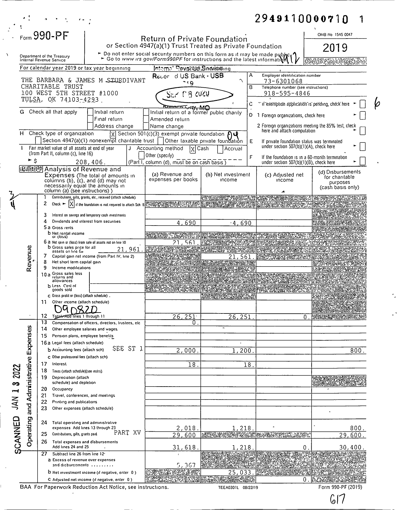 Image of first page of 2019 Form 990PF for The Barbara and James M Sturdivant Charitable Trust