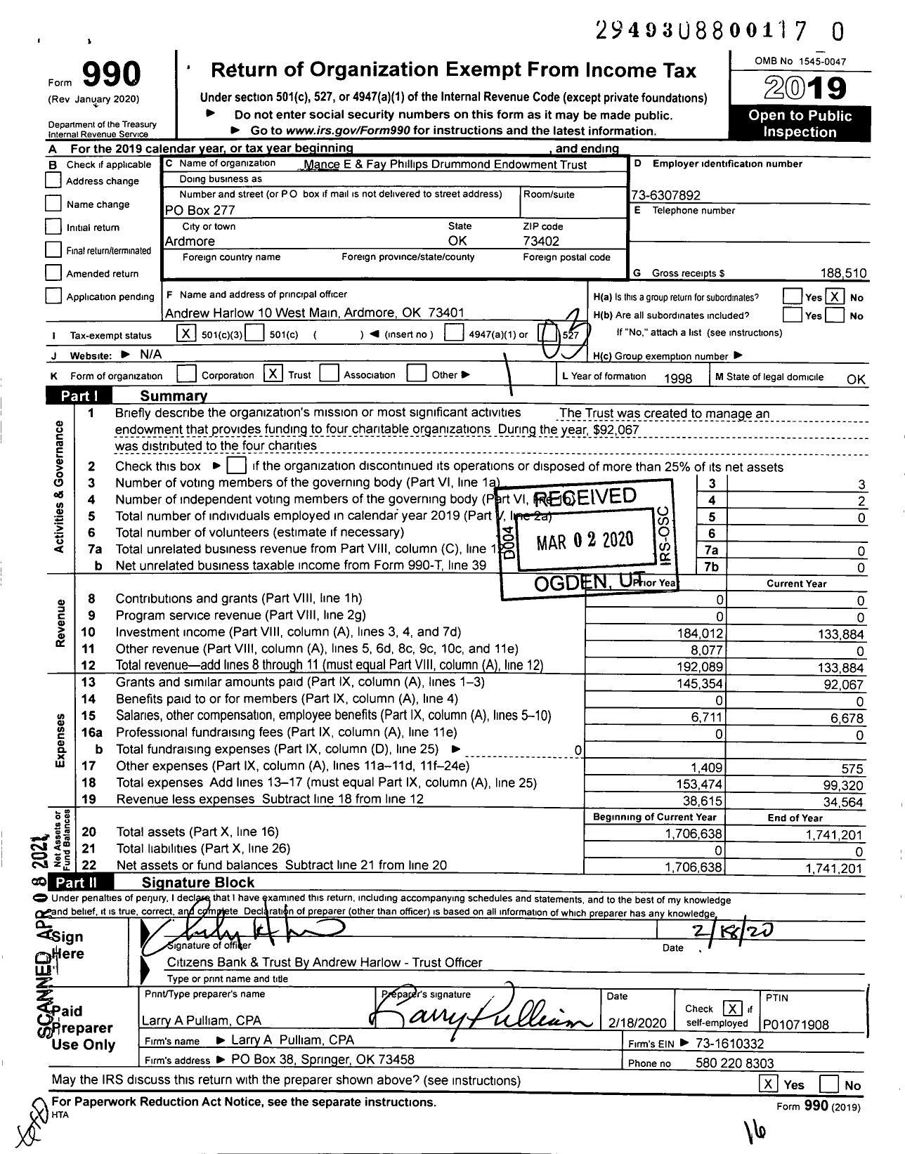 Image of first page of 2019 Form 990 for Mance E and Fay Phillips Drummond Endowment Trust