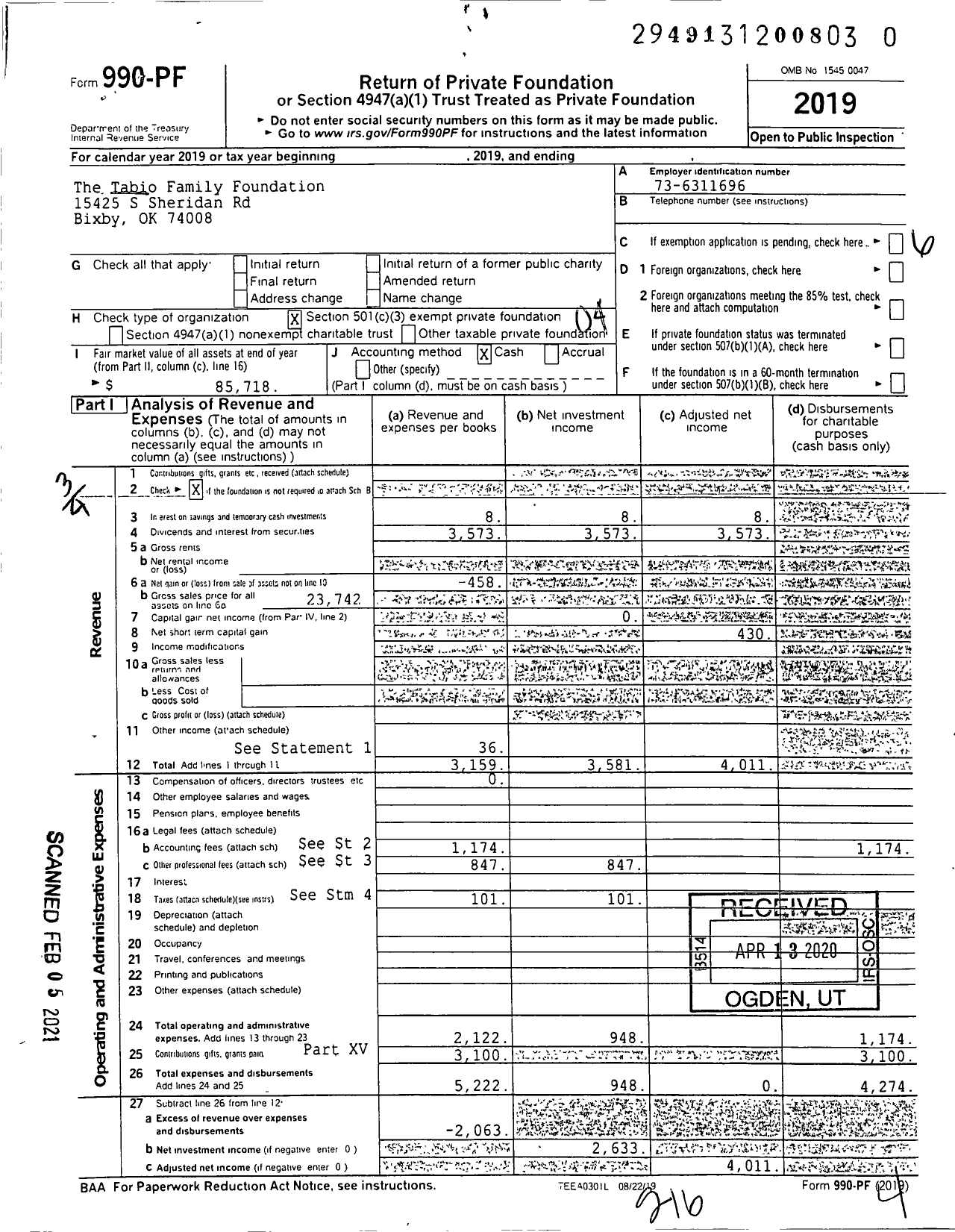 Image of first page of 2019 Form 990PF for The Tabio Family Foundation