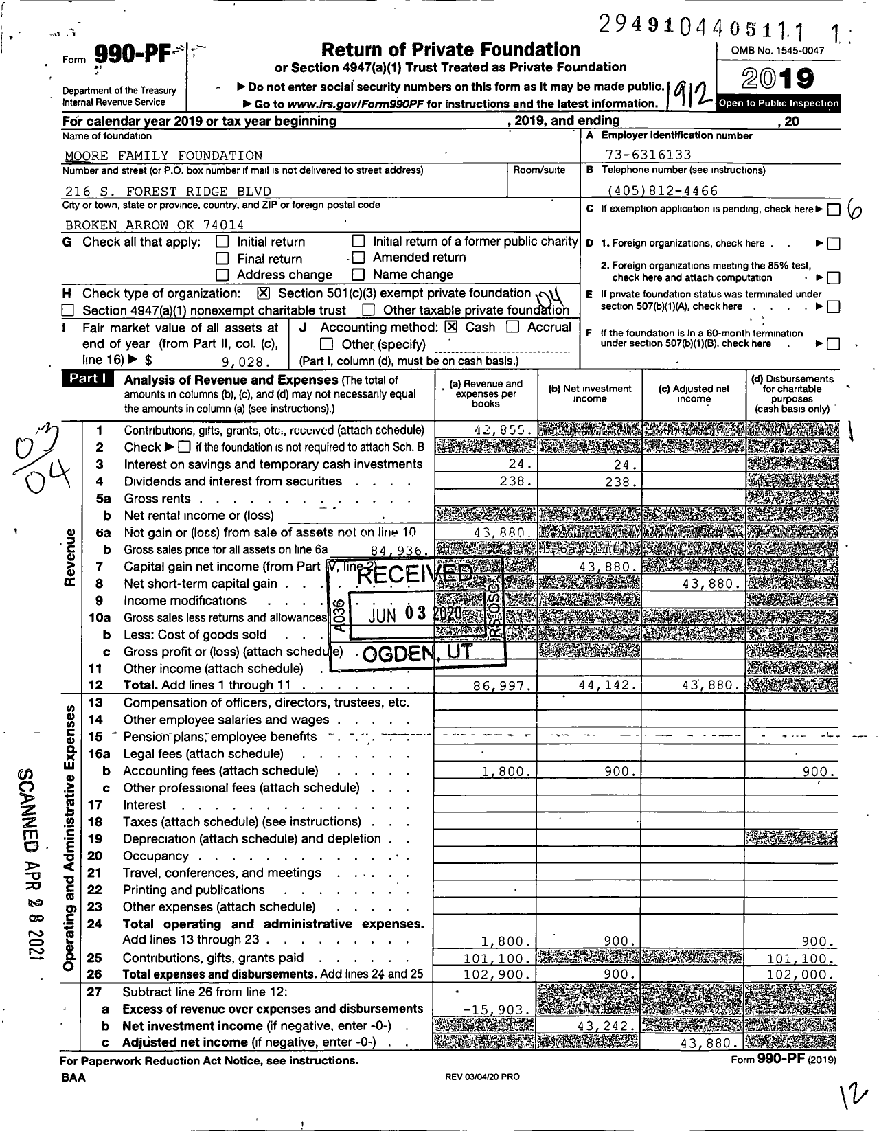 Image of first page of 2019 Form 990PF for Moore Family Foundation / Moore Mark A Ttee