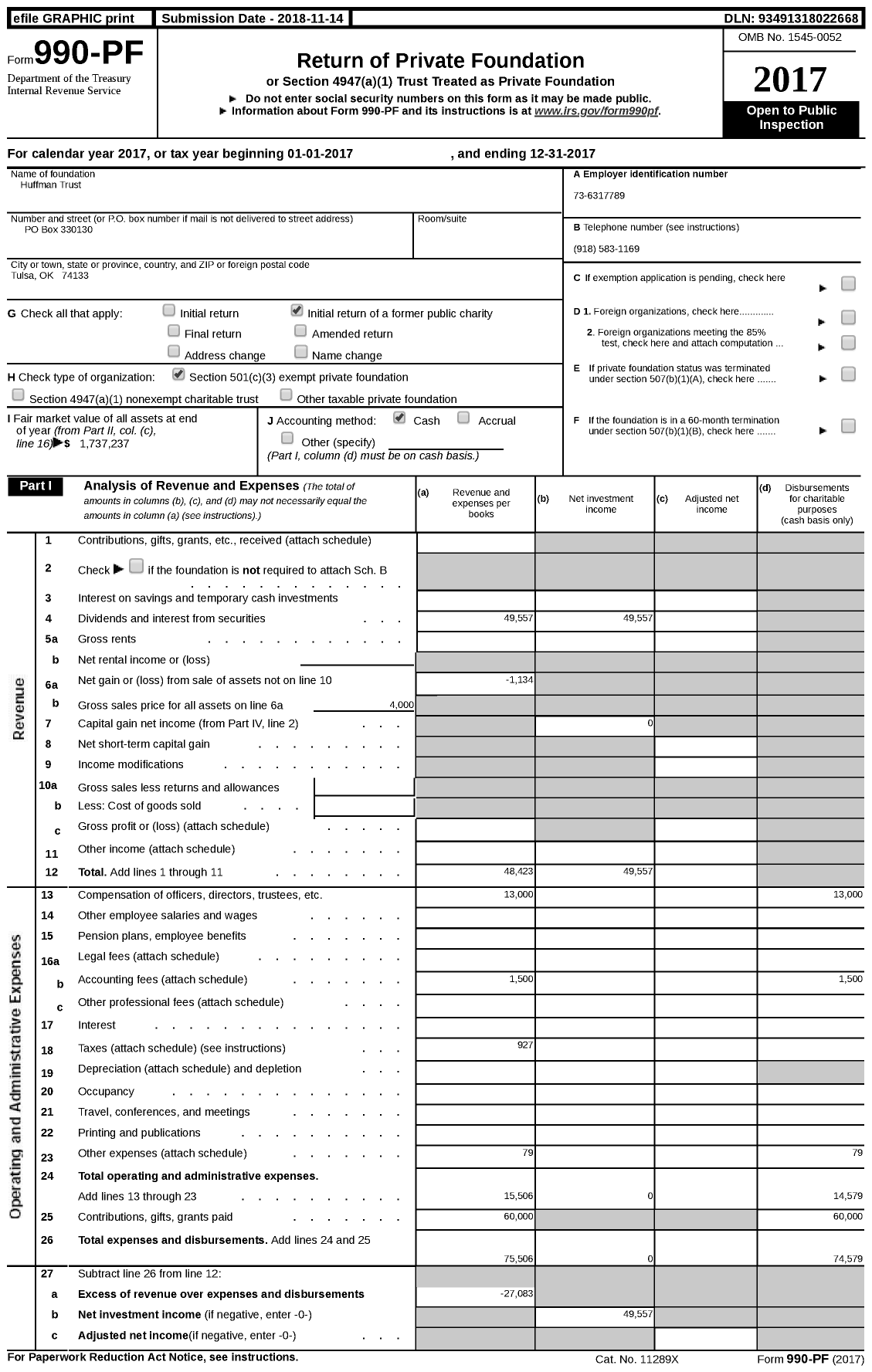 Image of first page of 2017 Form 990PF for Huffman Trust