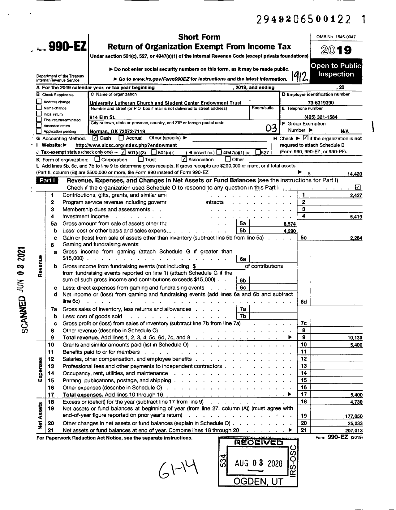 Image of first page of 2019 Form 990EZ for University Lutheran Church and Student Center Endowment Trust