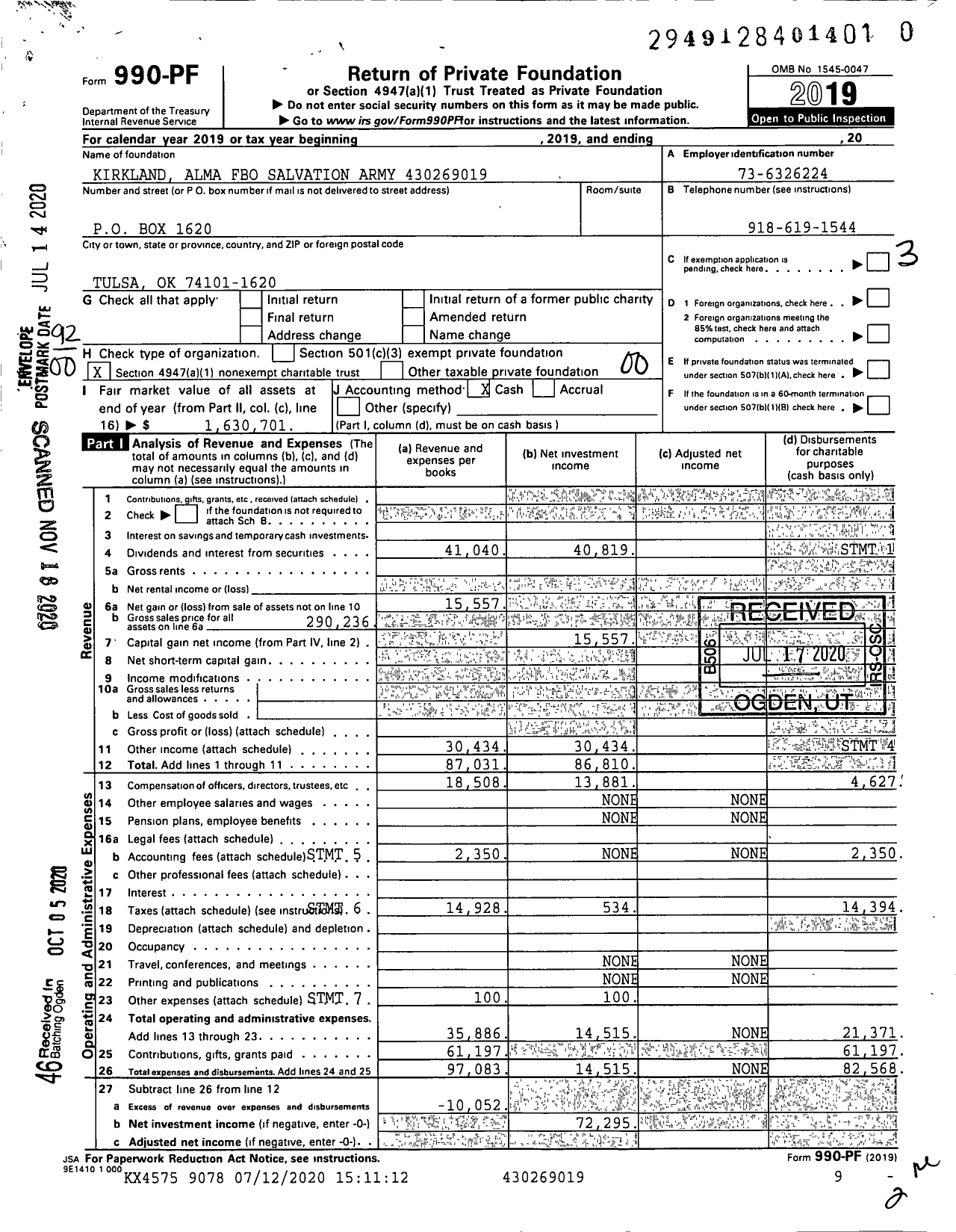 Image of first page of 2019 Form 990PF for Kirkland Alma Fbo Salvation Army XXX-XX-XXXX