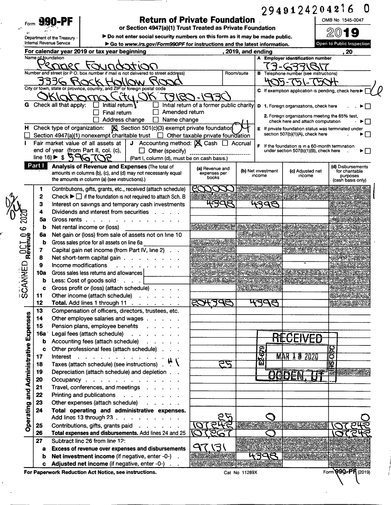 Image of first page of 2019 Form 990PR for Penner Foundation / Penner Frederic J Ttee