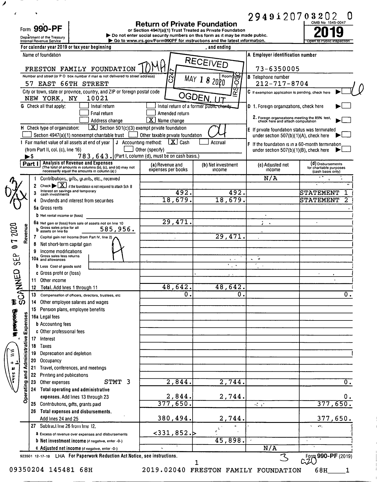 Image of first page of 2019 Form 990PR for Freston Family Foundation