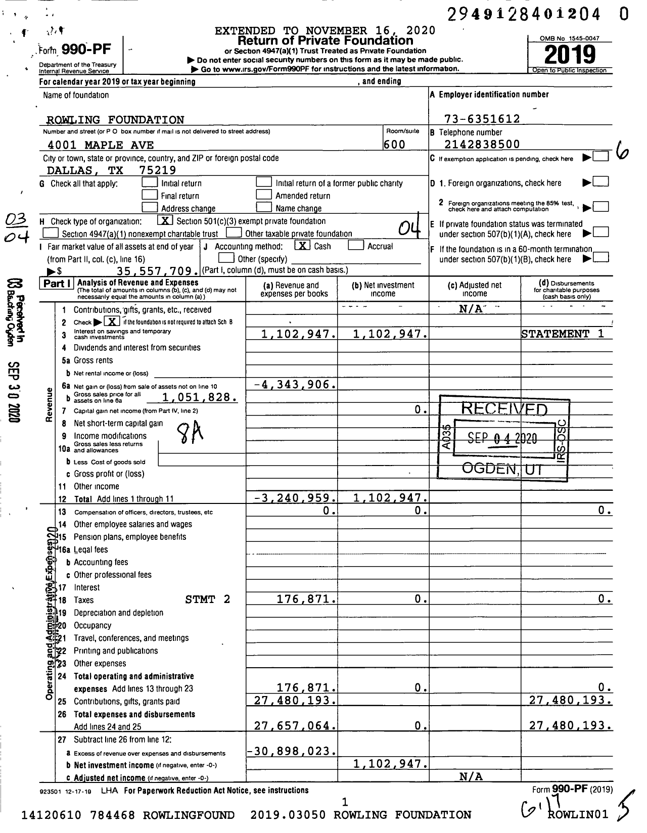 Image of first page of 2019 Form 990PF for Rowling Foundation