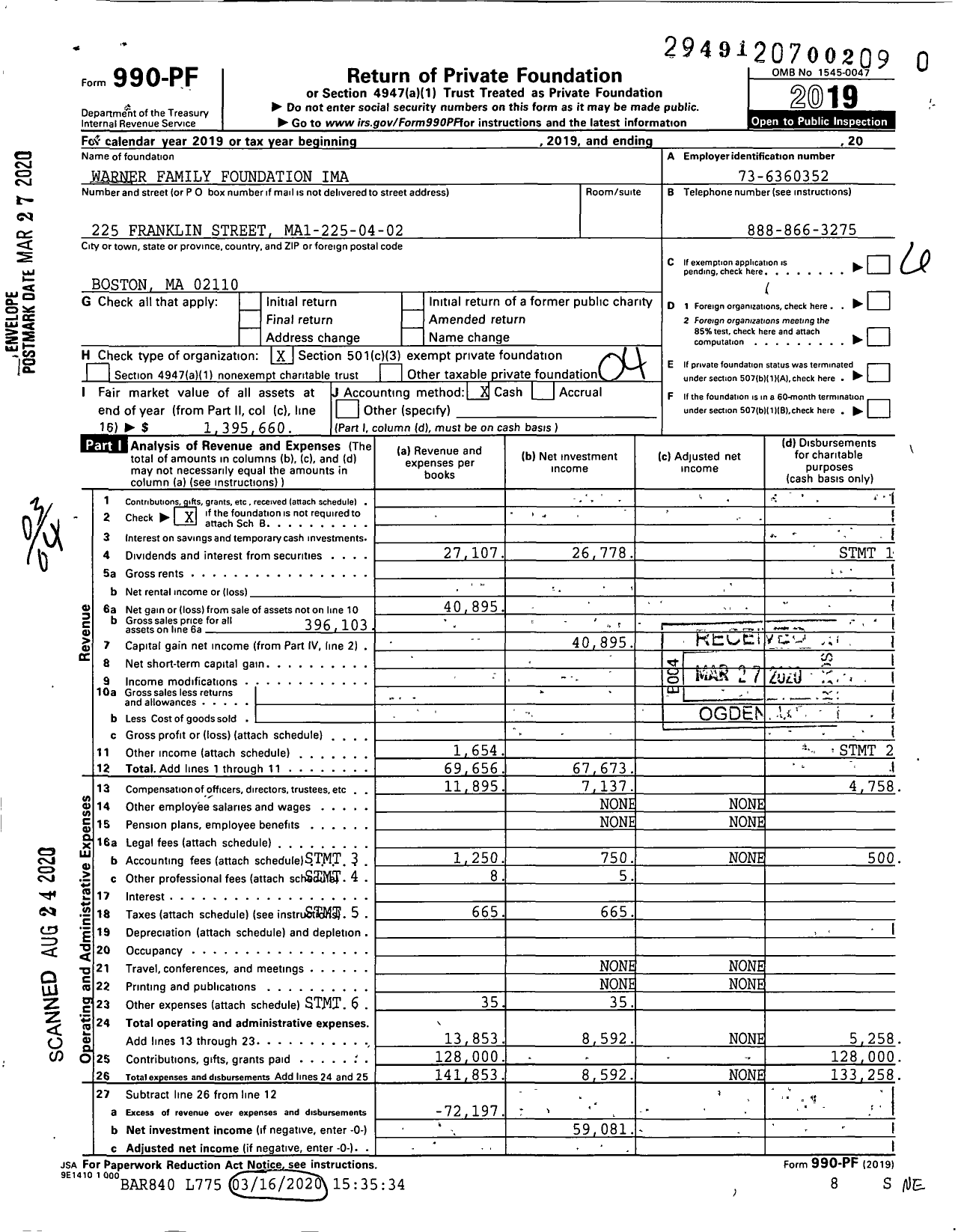 Image of first page of 2019 Form 990PR for Warner Family Foundation Ima