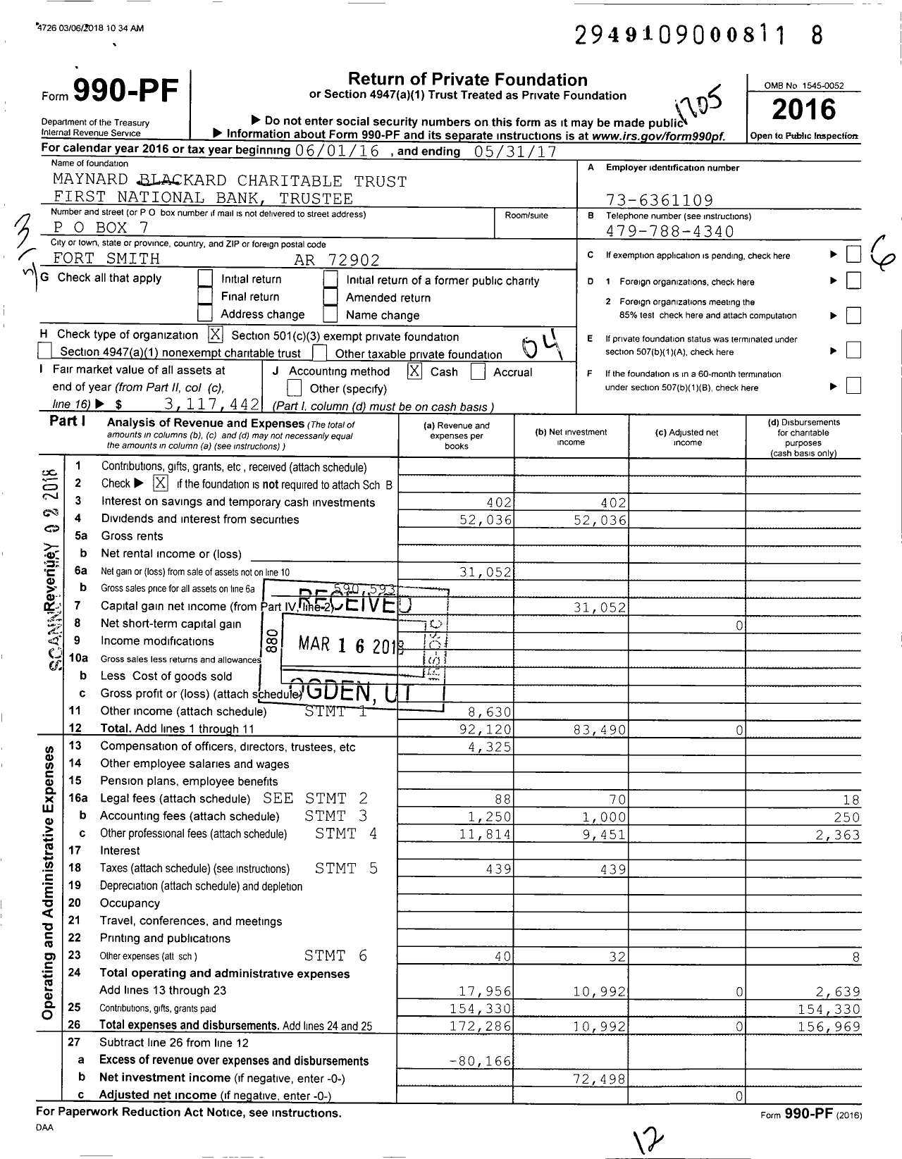 Image of first page of 2016 Form 990PF for Maynard Blackard Charitable Trust First National Bank Trustee