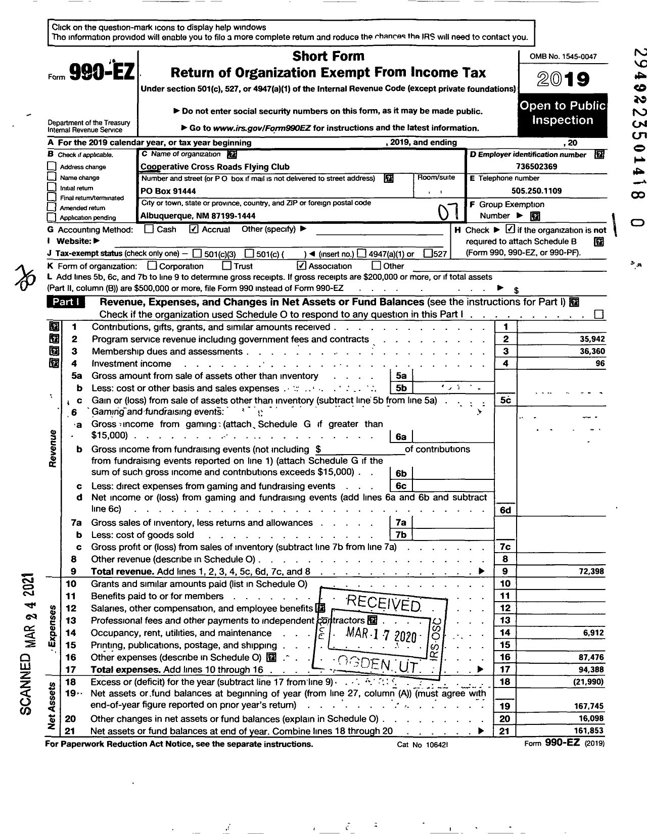 Image of first page of 2019 Form 990EO for Co-Operative Cross Roads Flying Club